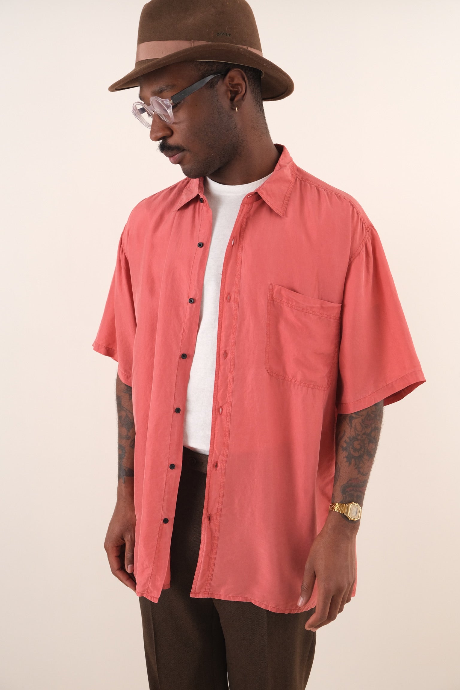 Vintage Coral Silk Short Sleeve Button Up Shirt – Hermine