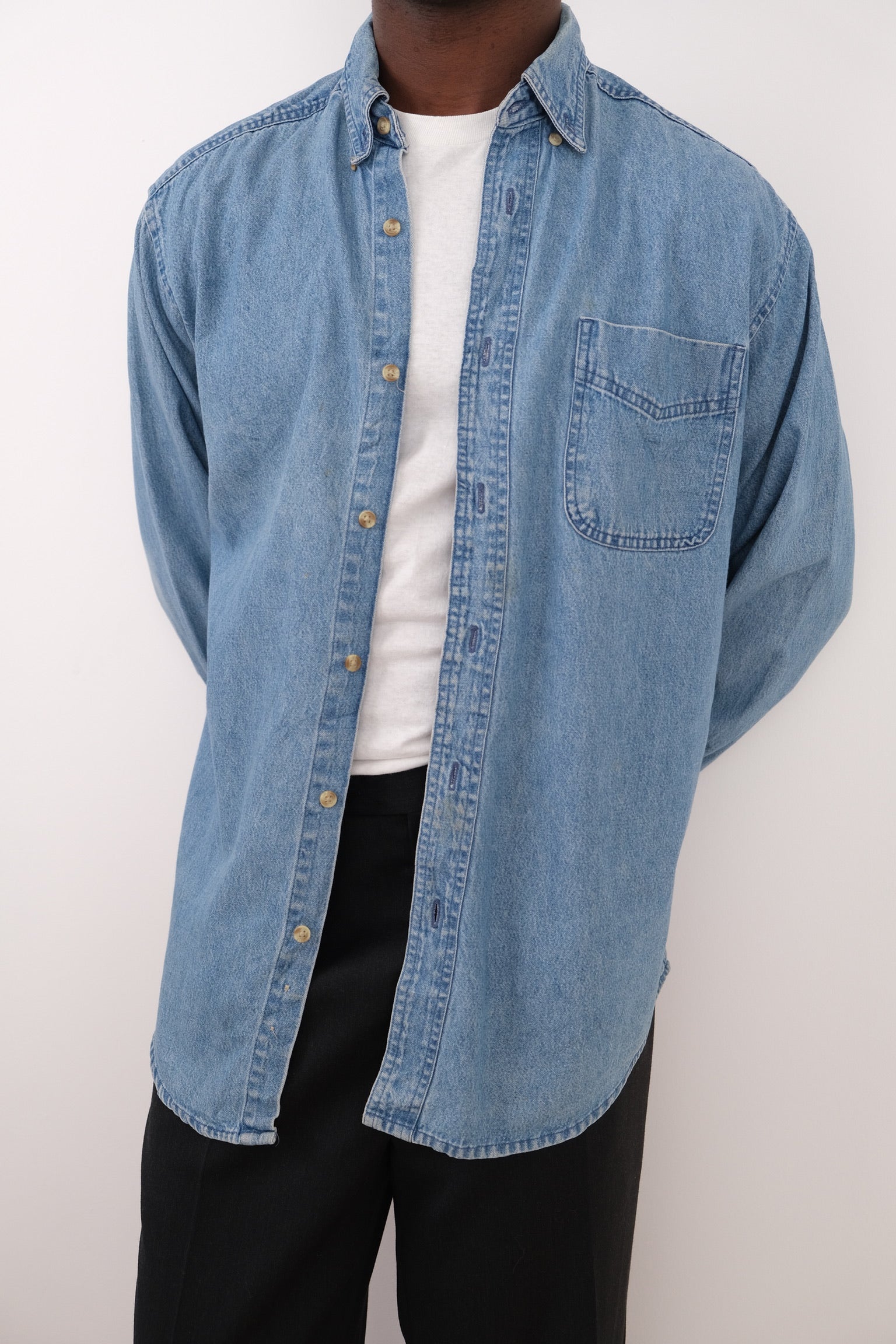 Vintage light wash cotton denim button-down shirt
