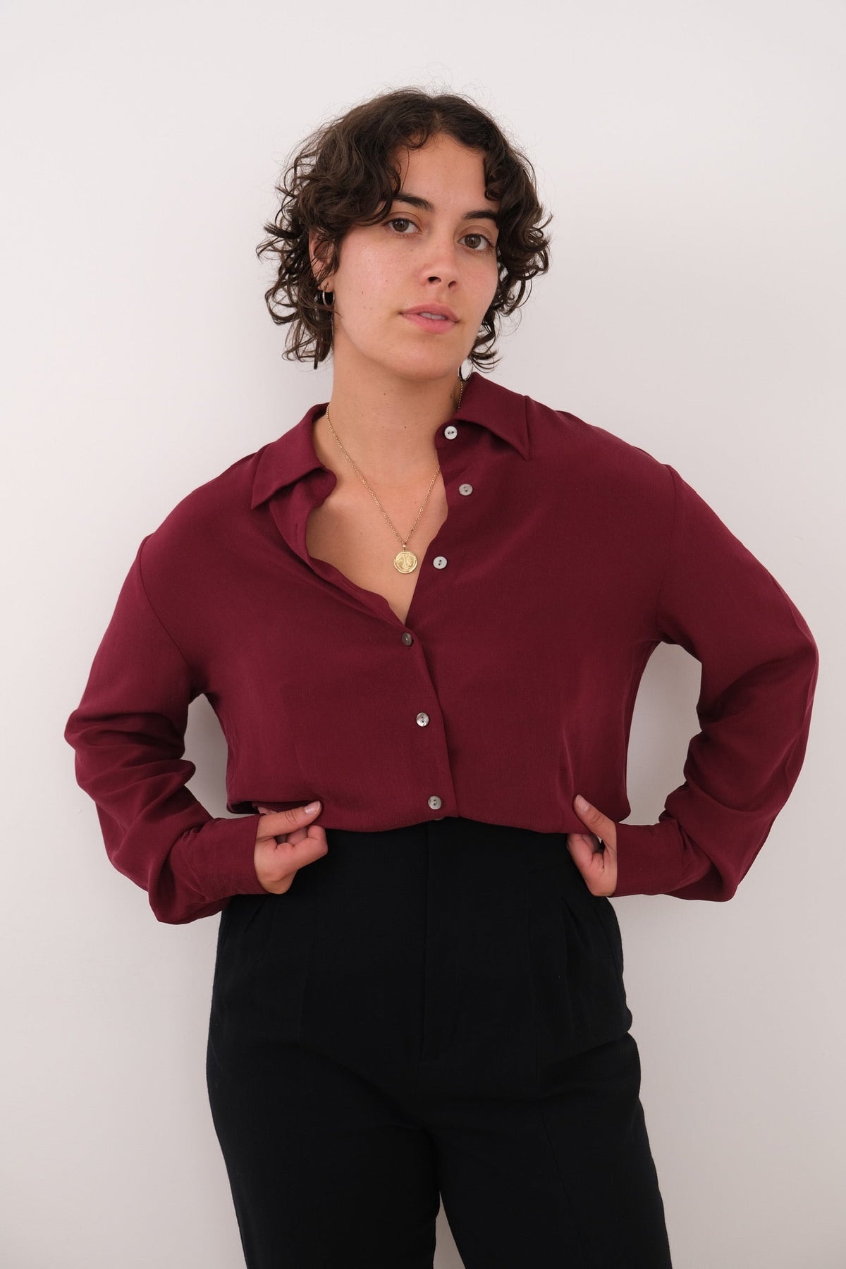 Vintage Garnet Silk Cropped Button Up Blouse