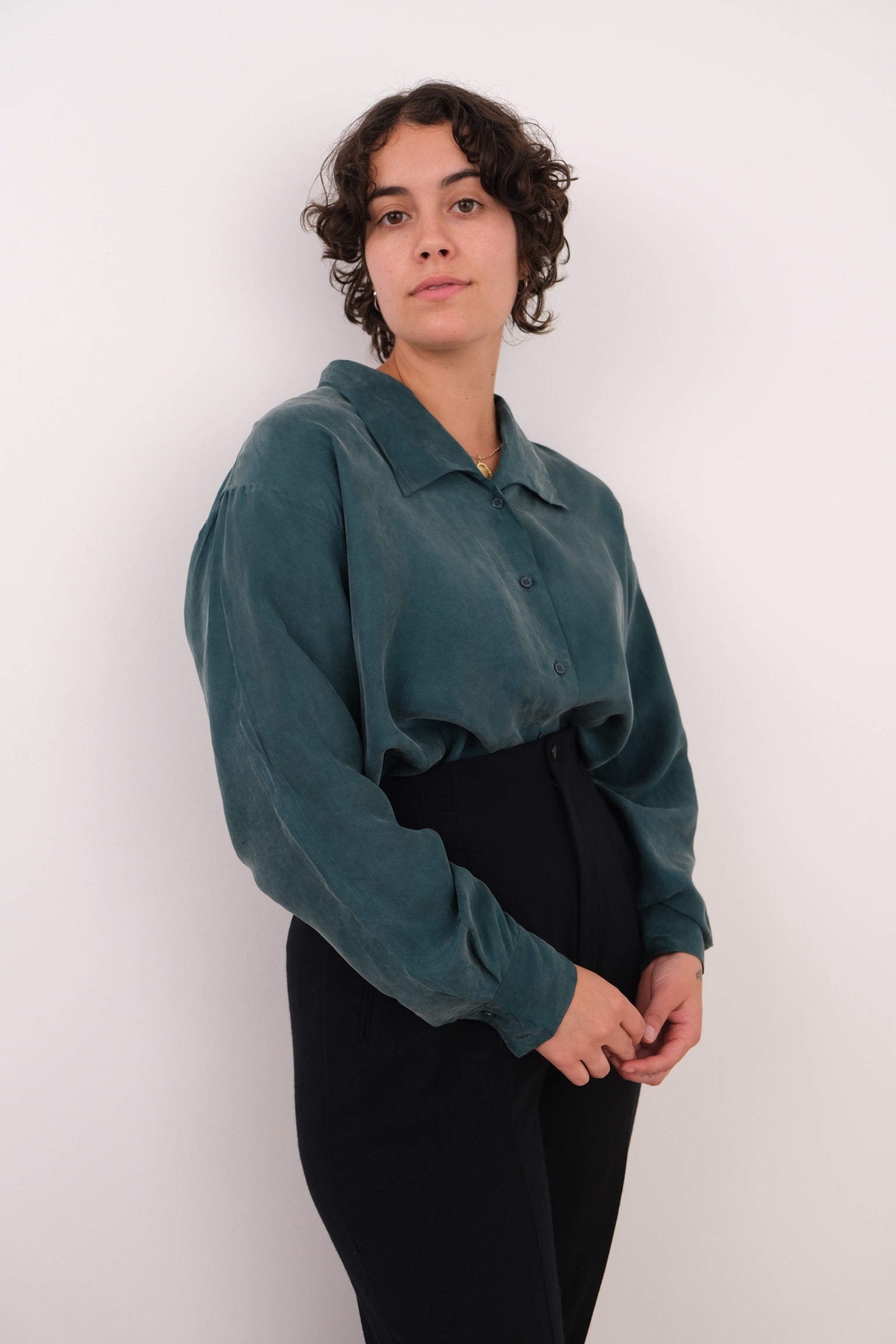 Vintage teal silk button-up shirt