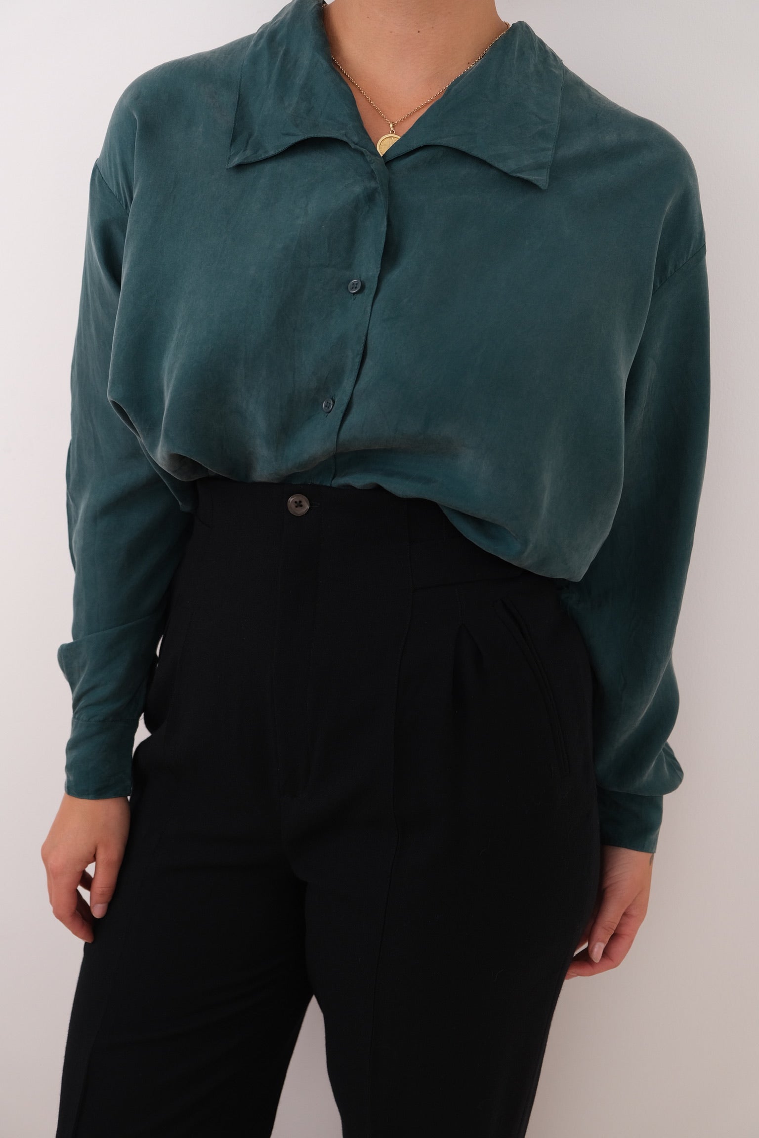 Vintage teal silk button-up shirt