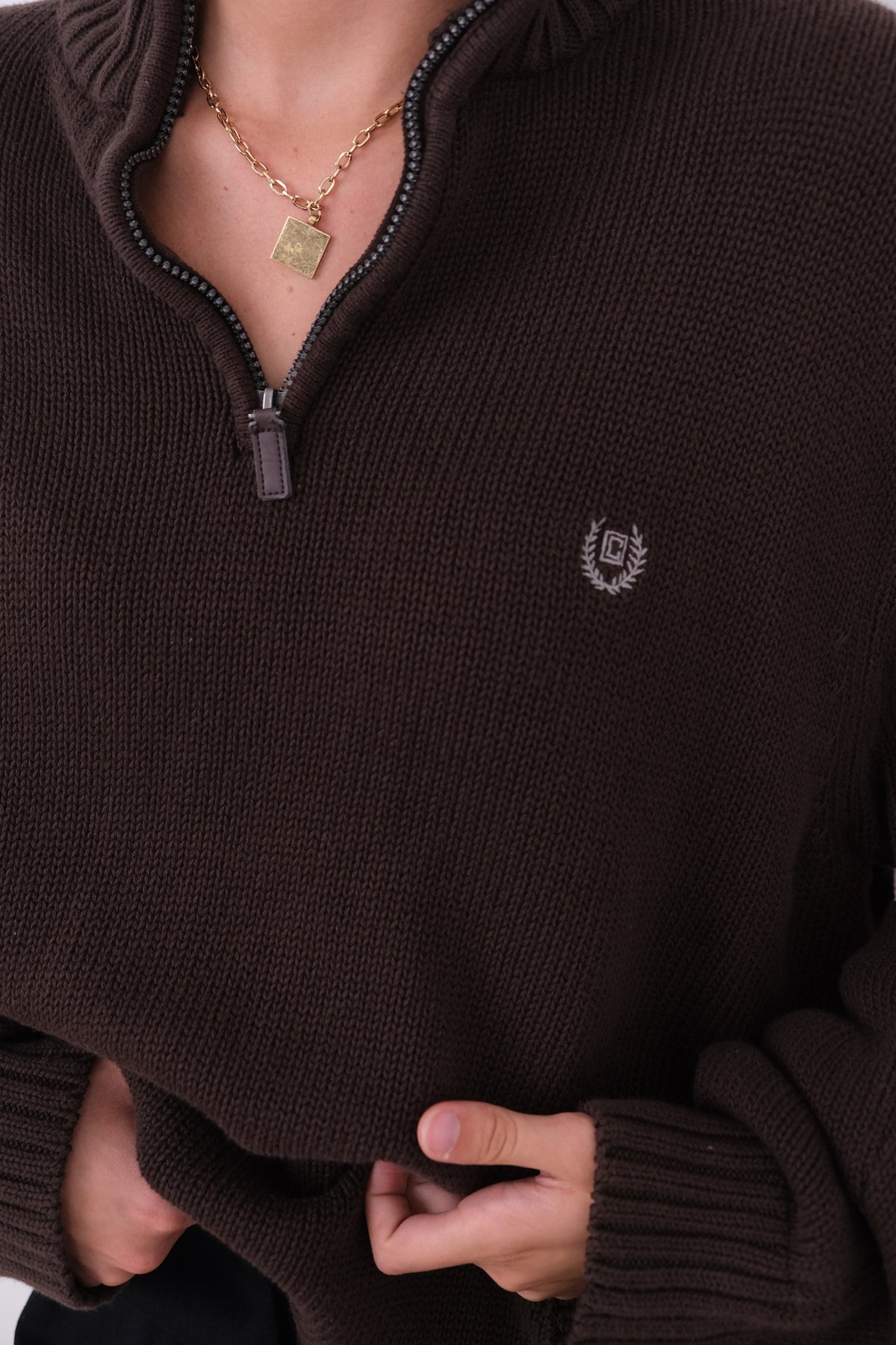 Vintage Espresso Cotton Quarter-Zip Sweater