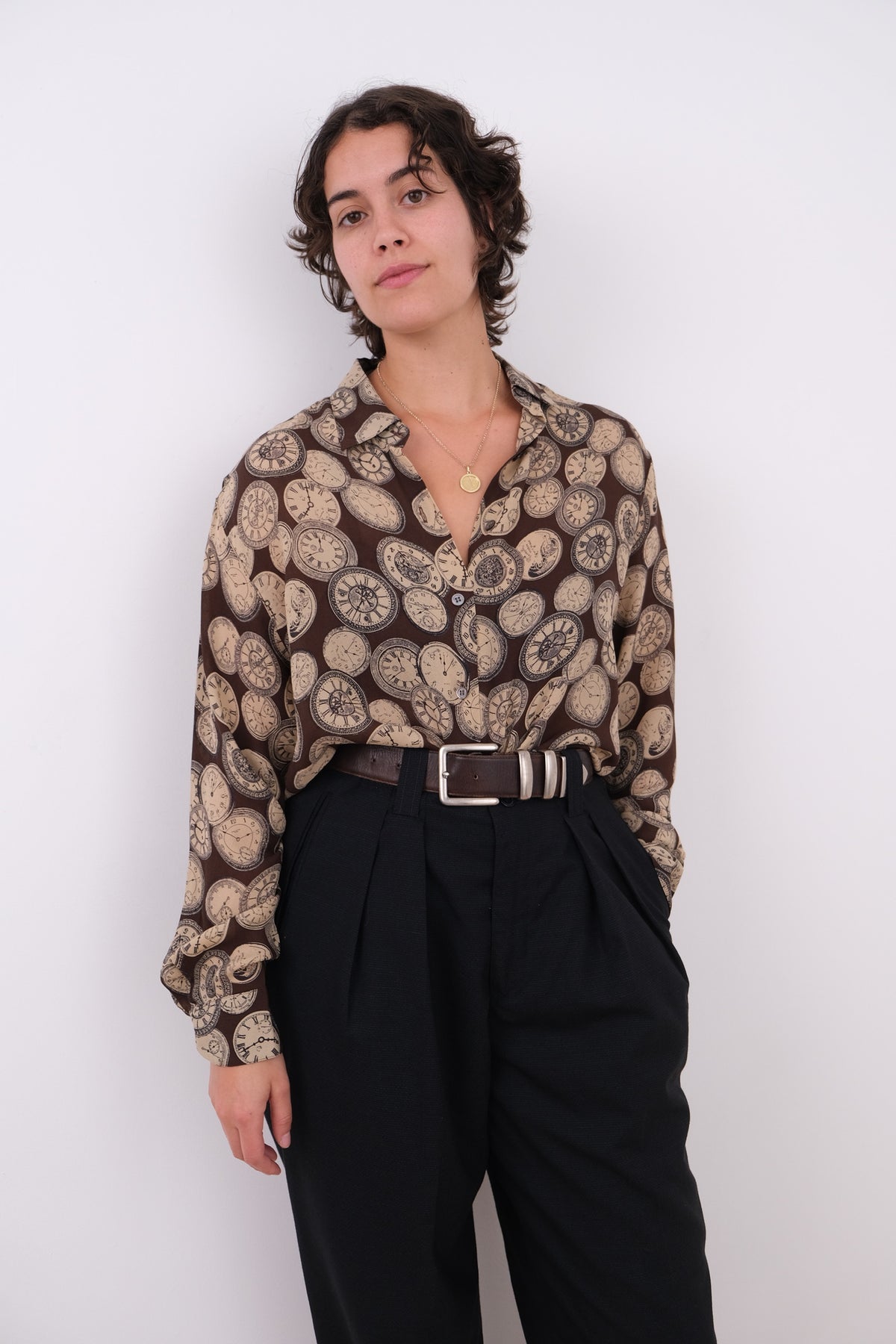 Vintage 90s Sepia Silk Medallion Print Button Up Shirt