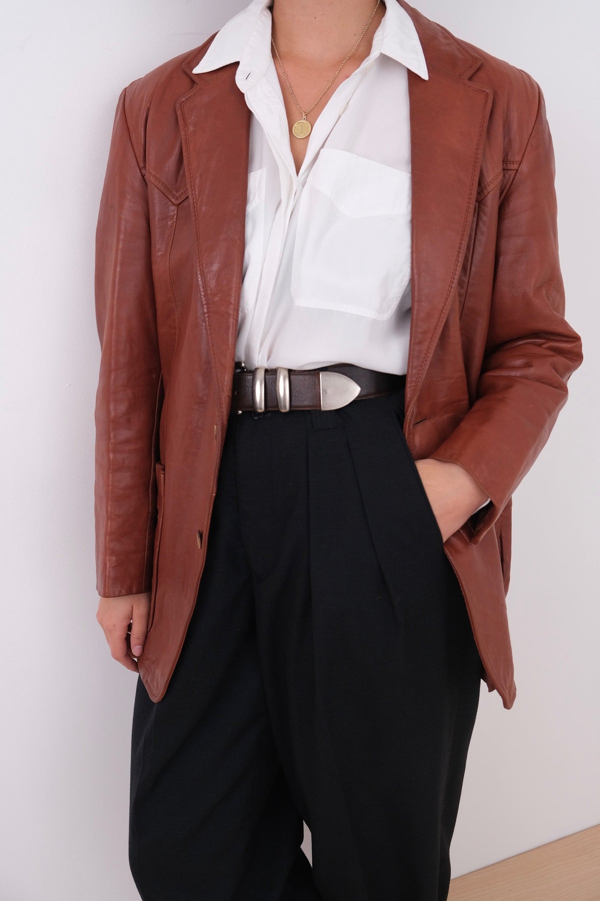 Vintage 70s Cognac Leather Two-Button Blazer