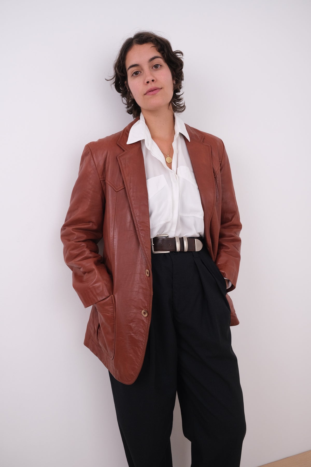 Vintage 70s Cognac Leather Two-Button Blazer