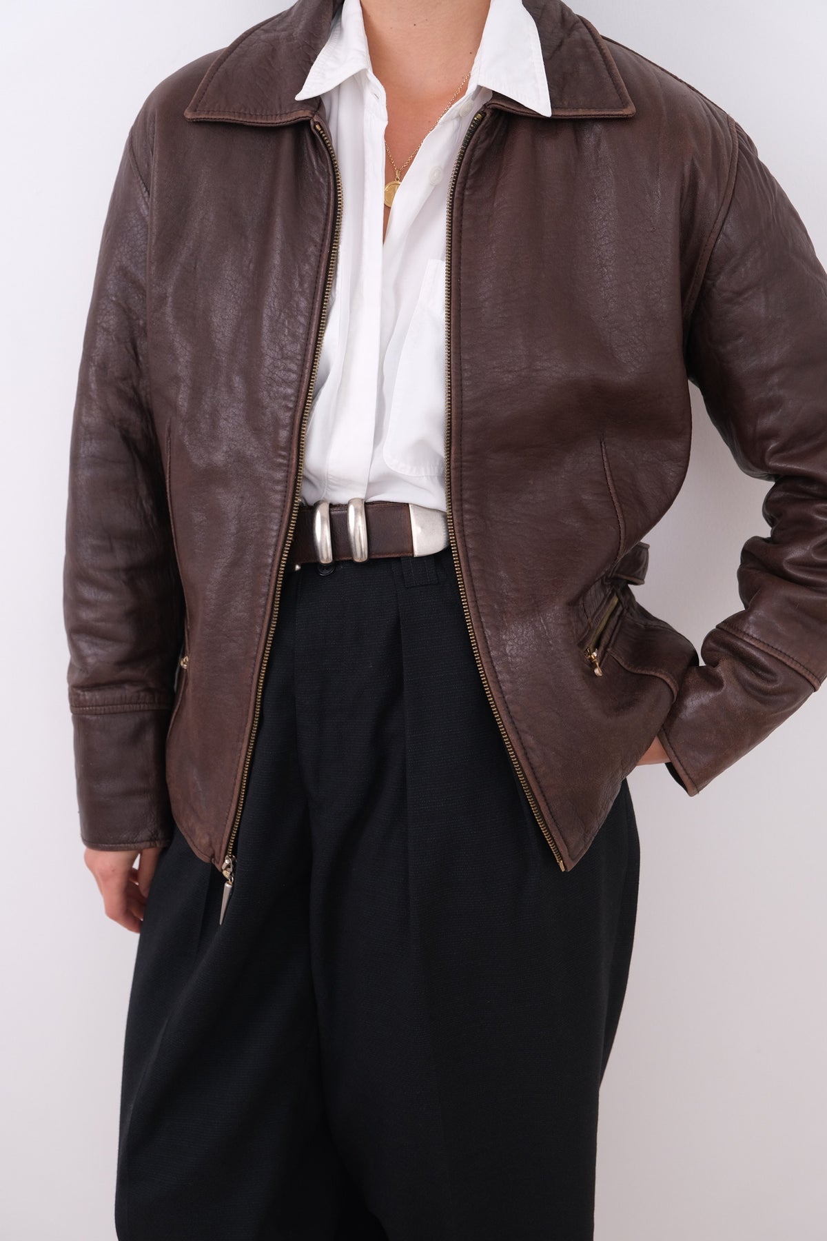 Vintage 90s Tobacco Genuine Leather Zip Front Jacket