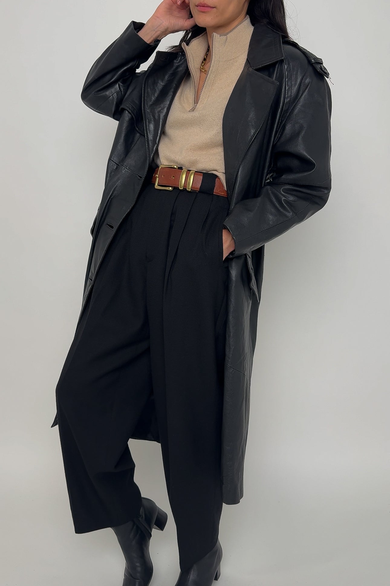 Vintage Obsidian Leather Trench Coat