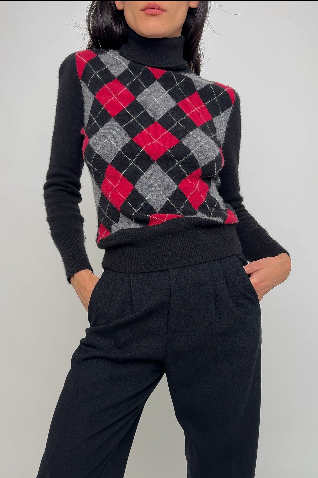 Vintage Black Cashmere Plaid Turtleneck Sweater (Rosella)