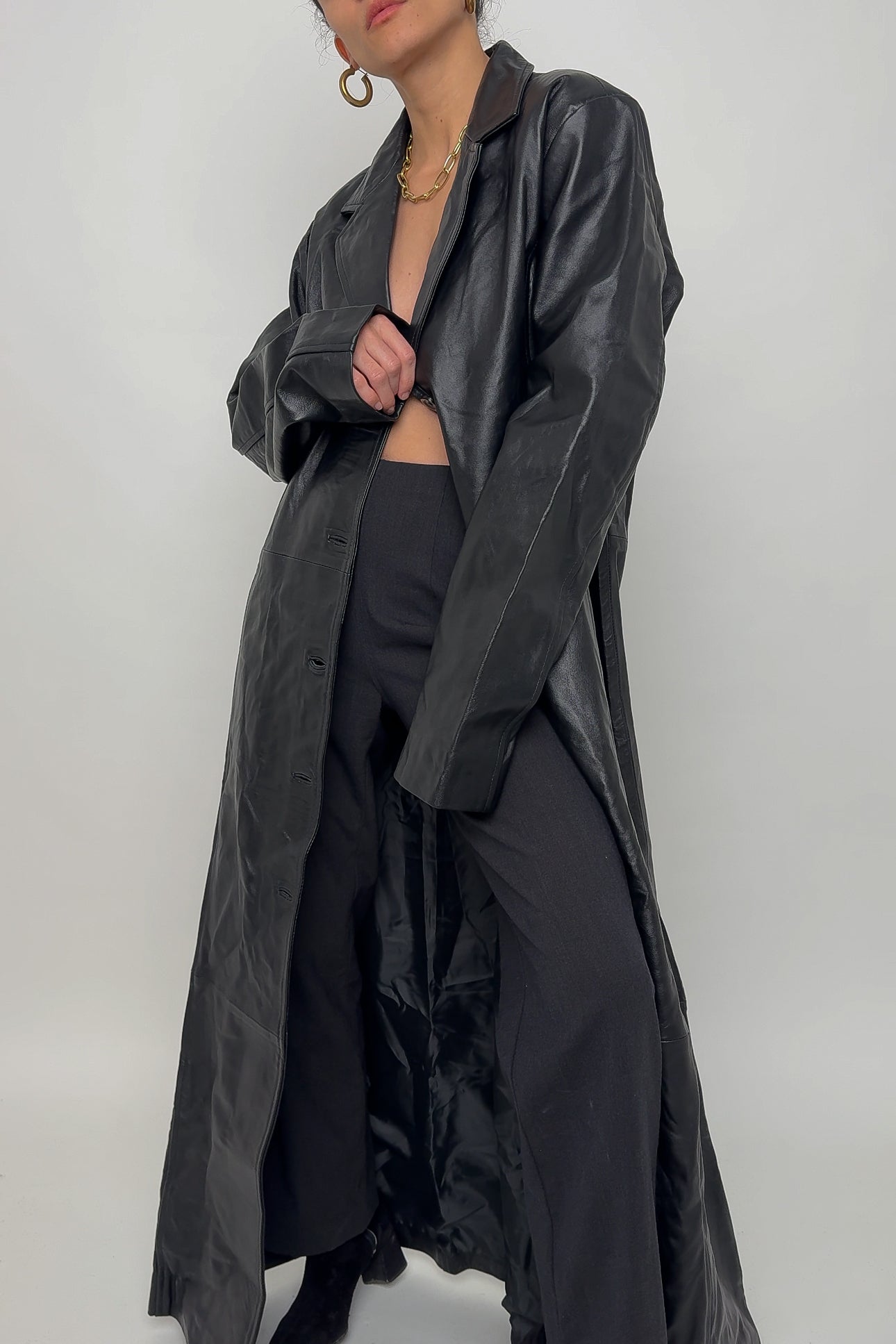 Vintage Noir Leather Trench Coat