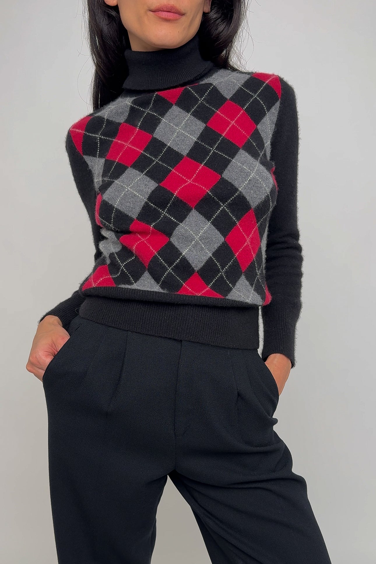 Vintage Black Cashmere Plaid Turtleneck Sweater (Rosella)