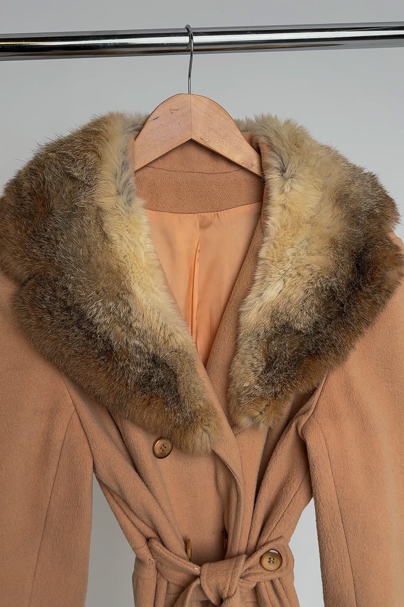 Vintage Tan Wool Double Breasted Fur Collar Coat