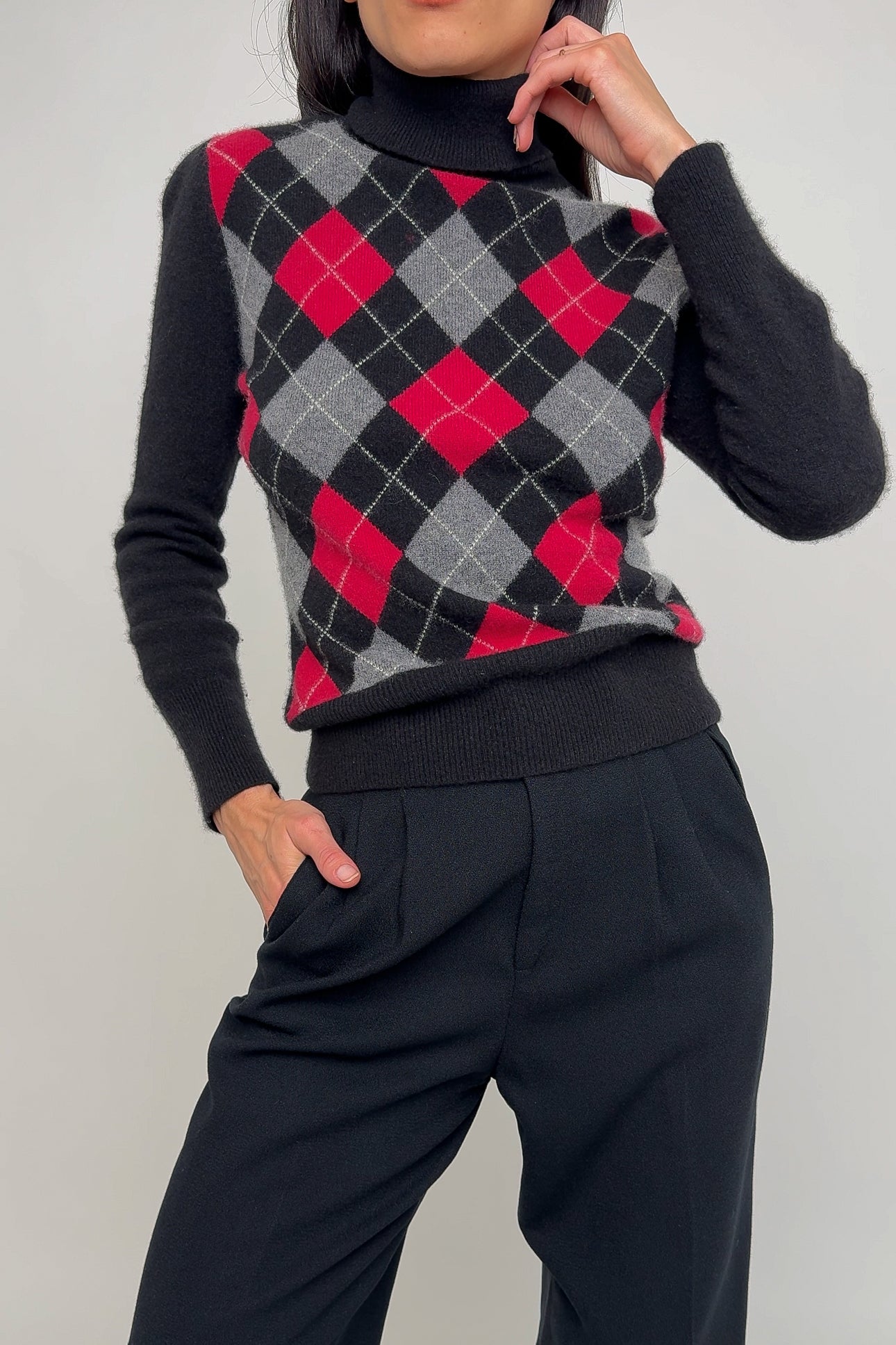 Vintage Black Cashmere Plaid Turtleneck Sweater (Rosella)