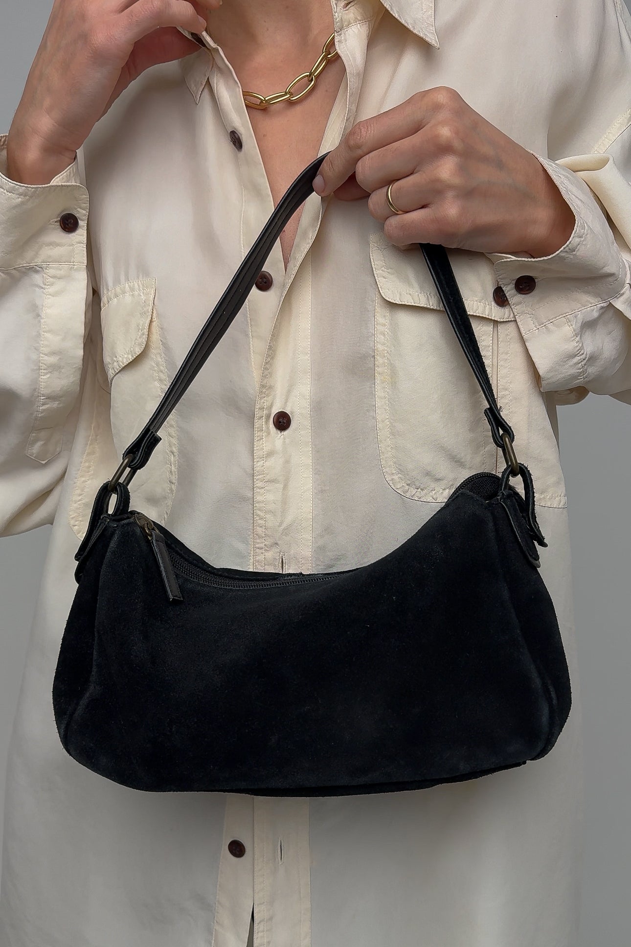 Vintage Carbon Sueded Leather Shoulder Bag