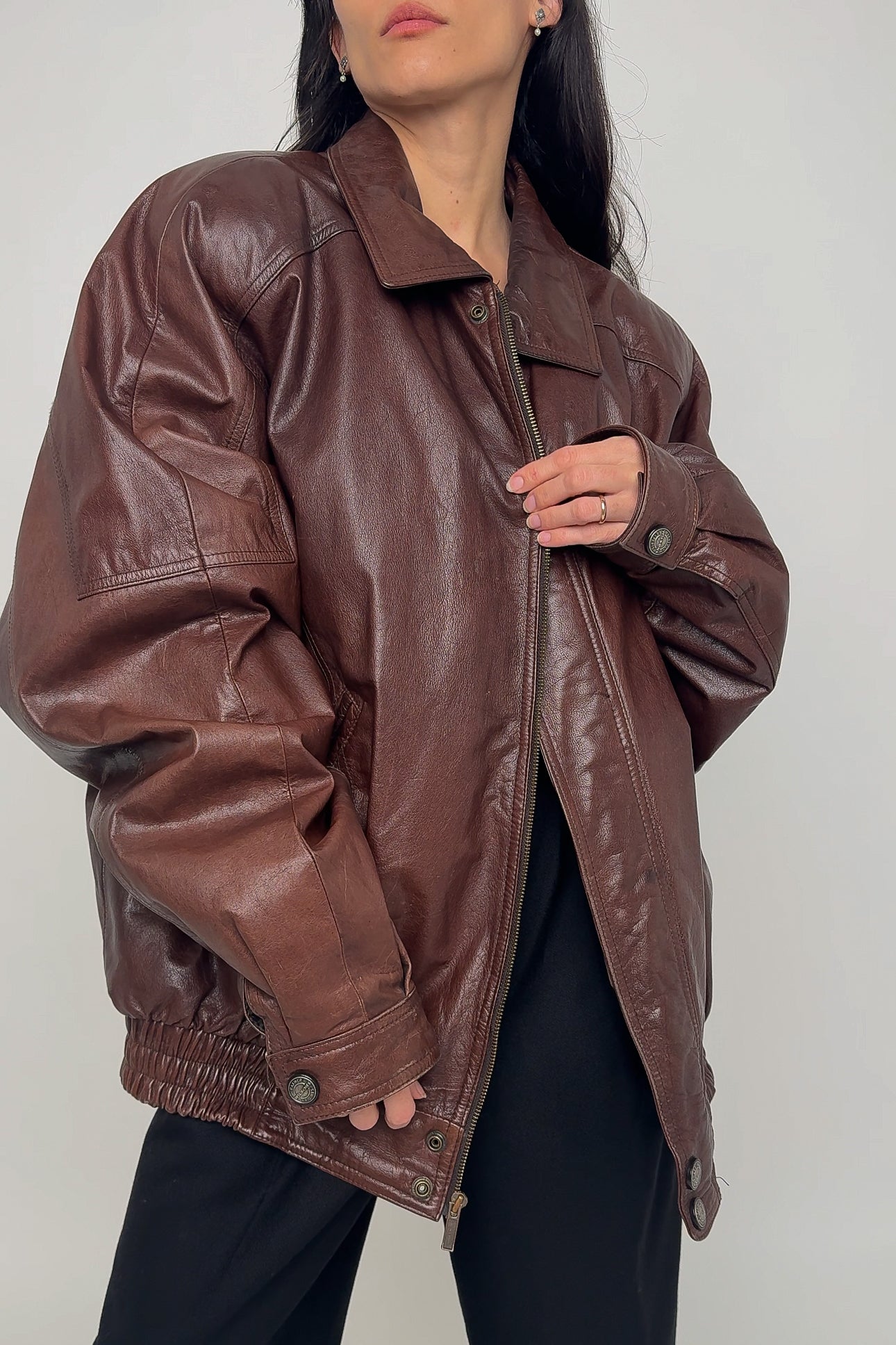 Vintage Auburn Leather Bomber Zip-Up Jacket