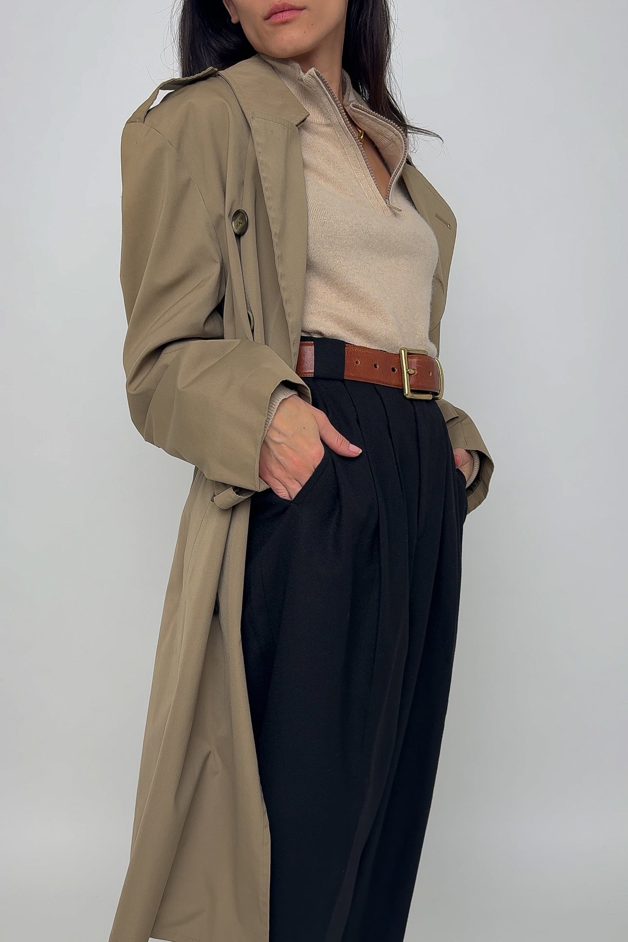 Vintage Cappuccino Cotton Blend Double Breasted Trench Coat