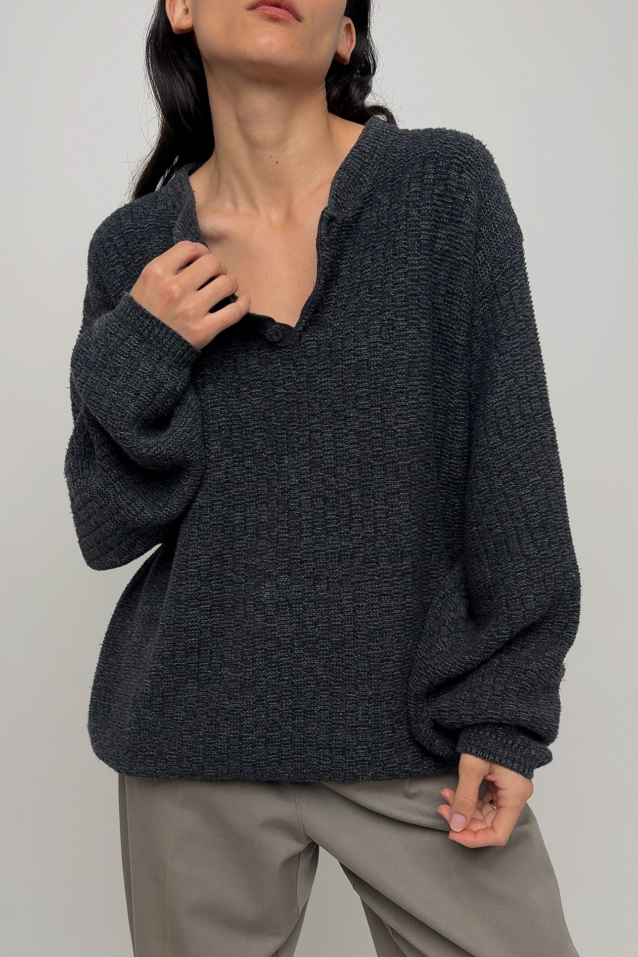 Vintage Slate Cotton Blend Knit Henley Sweater