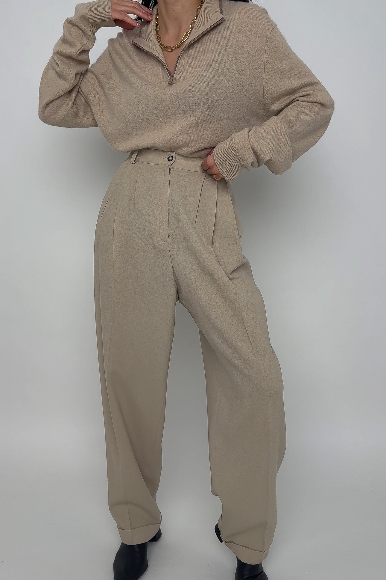 Vintage Sand Wool High Waisted Cuffed Trousers (Rosella)