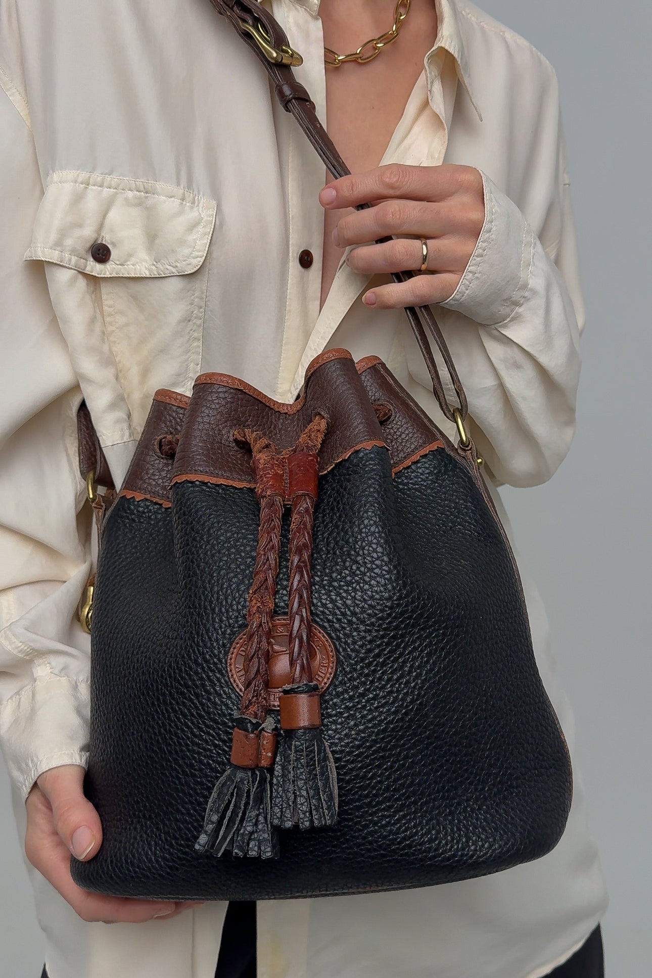 Vintage Navy And Brown Leather Bucket Bag