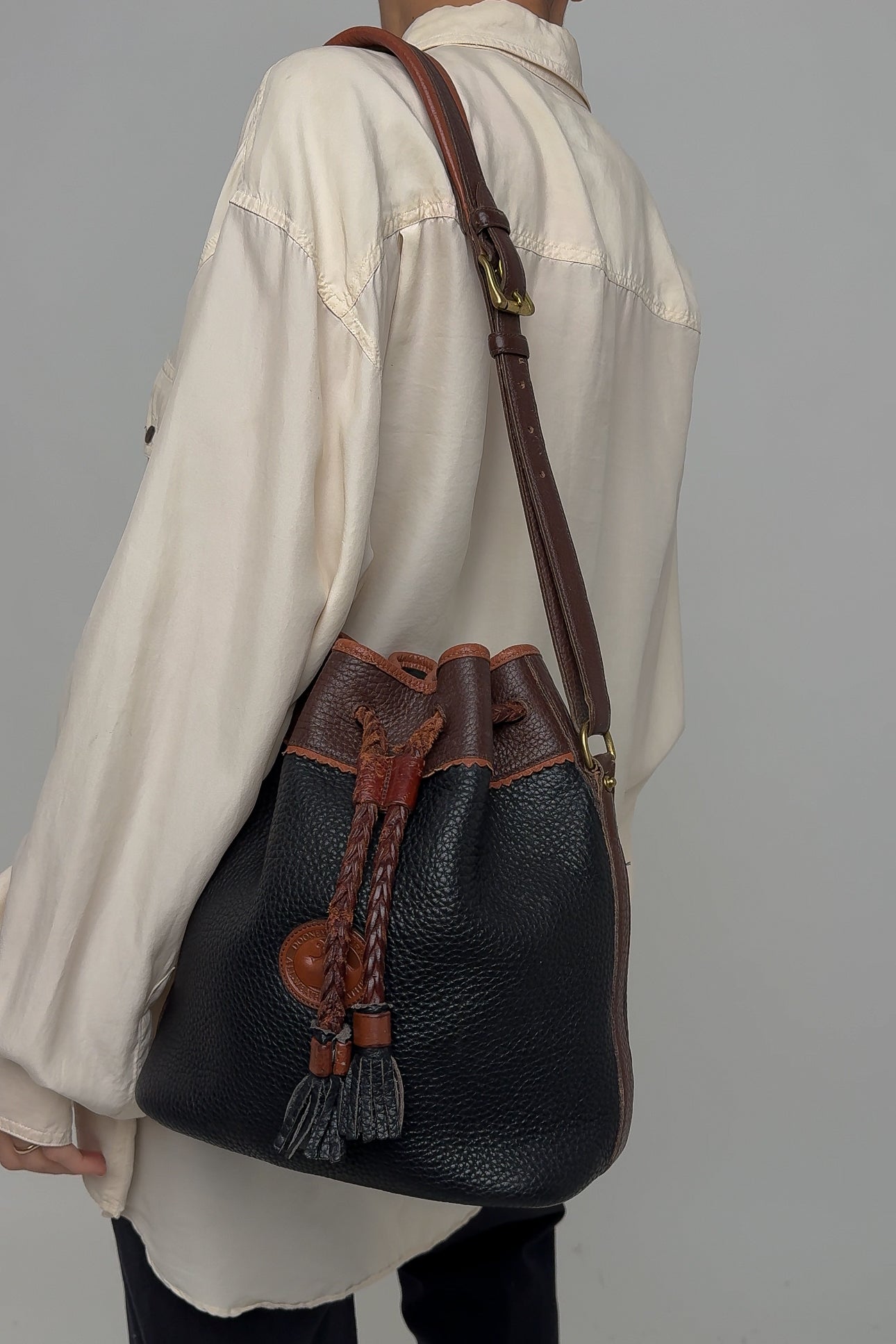 Vintage Navy And Brown Leather Bucket Bag