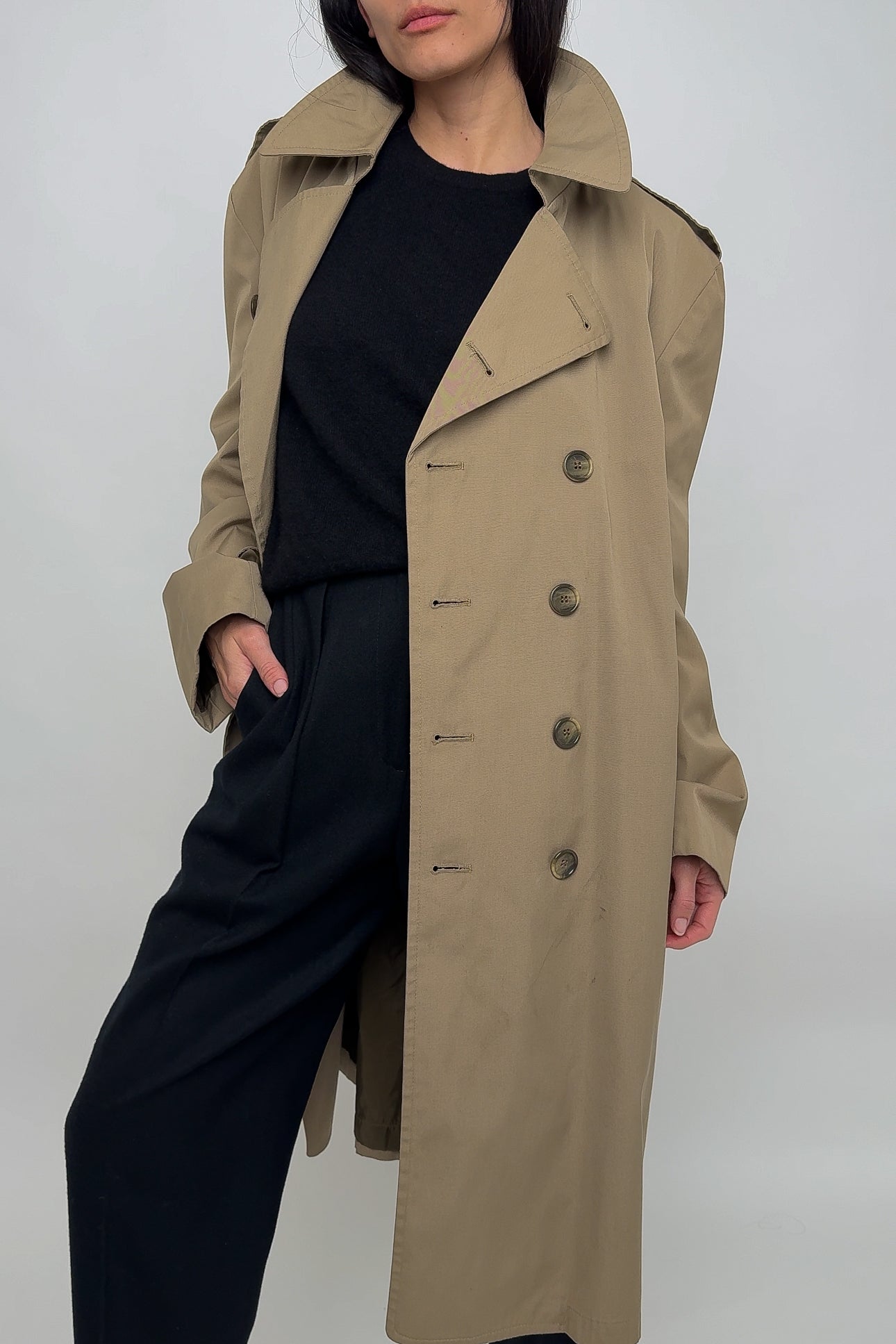 Vintage Taupe Cotton Blend Double Breasted Trench Coat