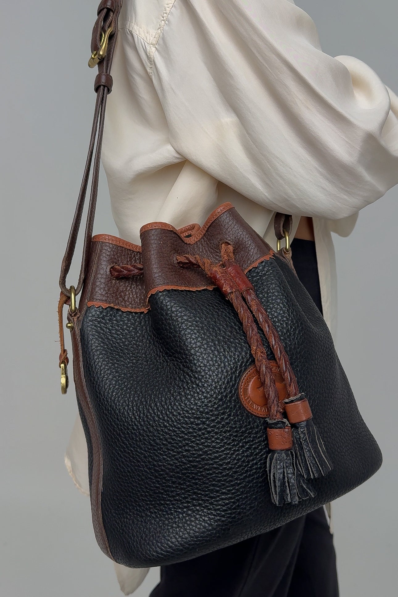 Vintage Navy And Brown Leather Bucket Bag