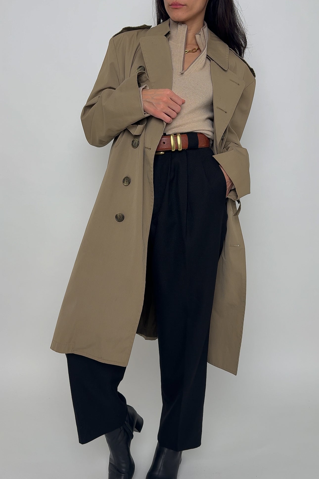 Vintage Cappuccino Cotton Blend Double Breasted Trench Coat