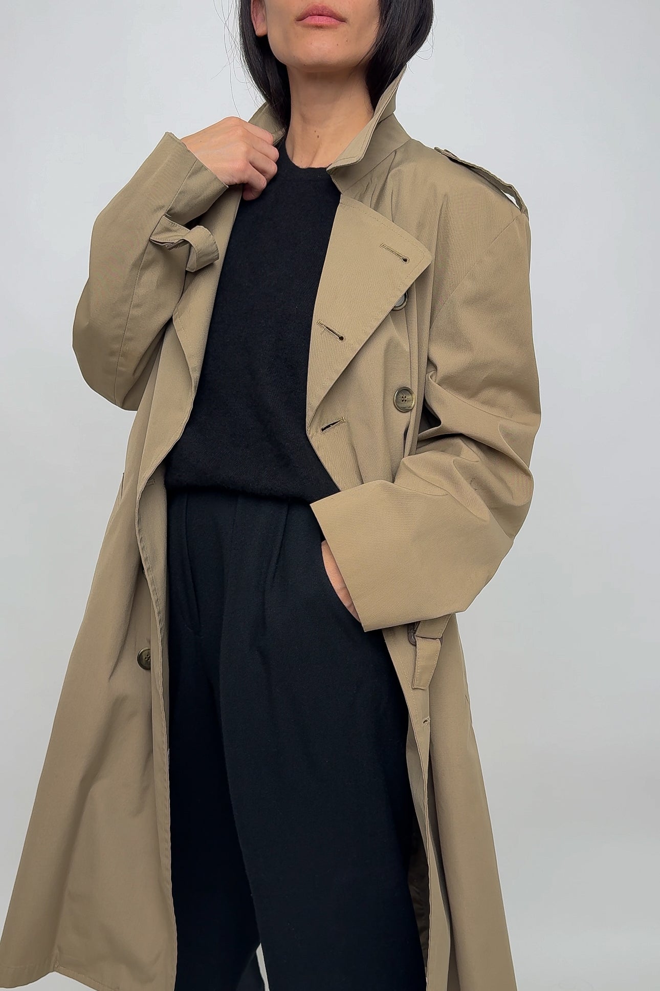 Vintage Taupe Cotton Blend Double Breasted Trench Coat