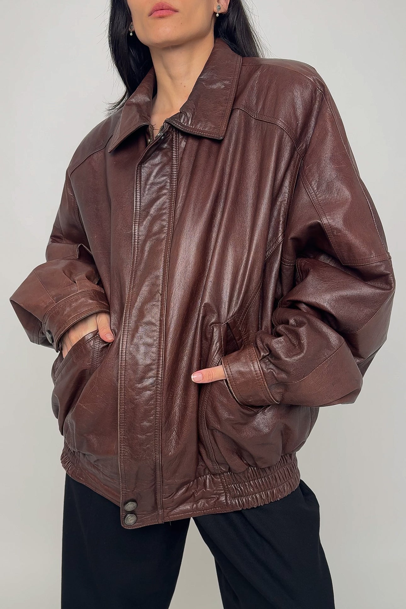 Vintage Auburn Leather Bomber Zip-Up Jacket