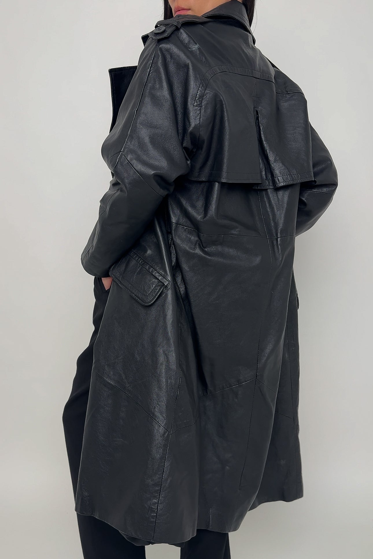 Vintage Obsidian Leather Trench Coat