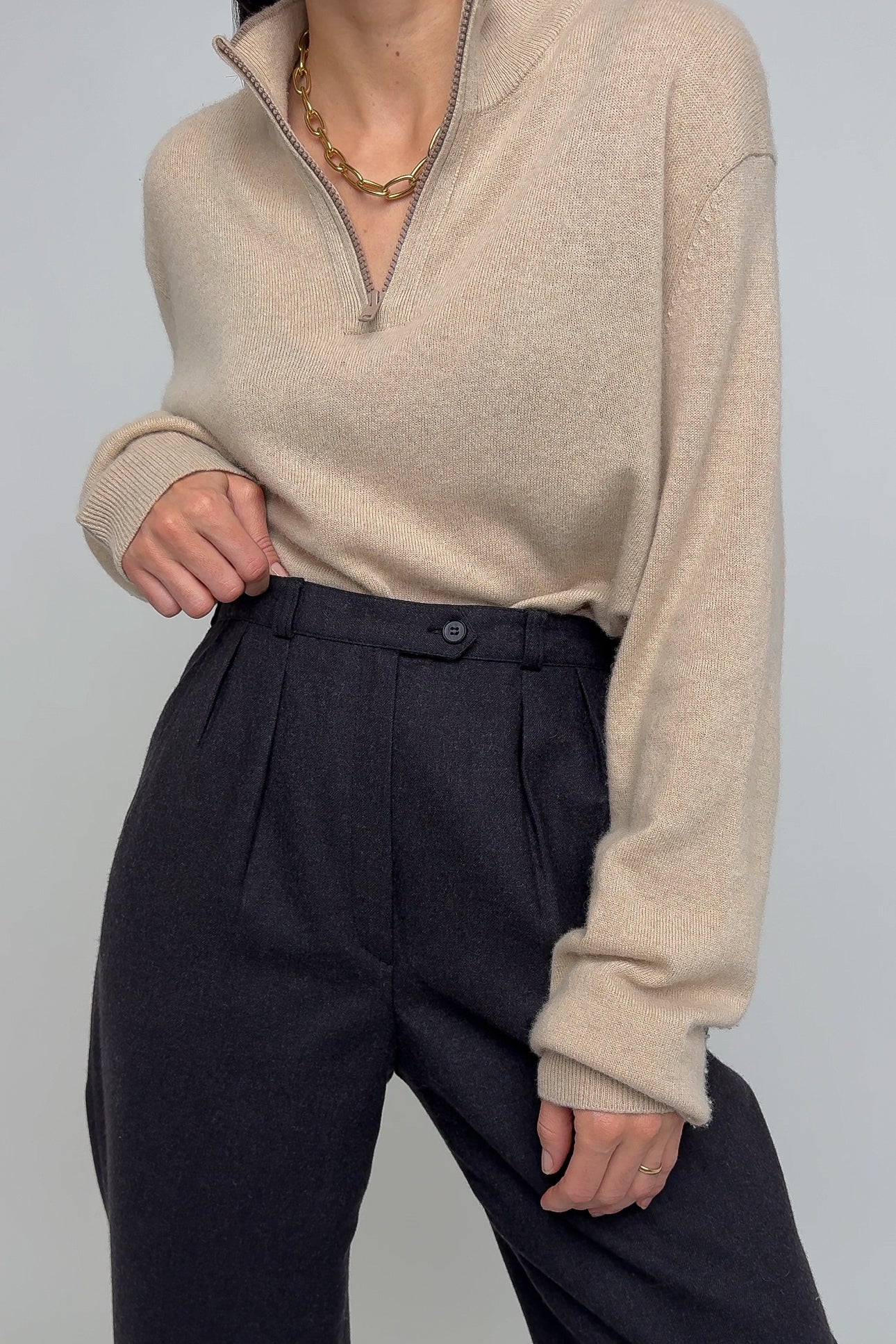 Vintage Charcoal Merino Wool High Waisted Trousers