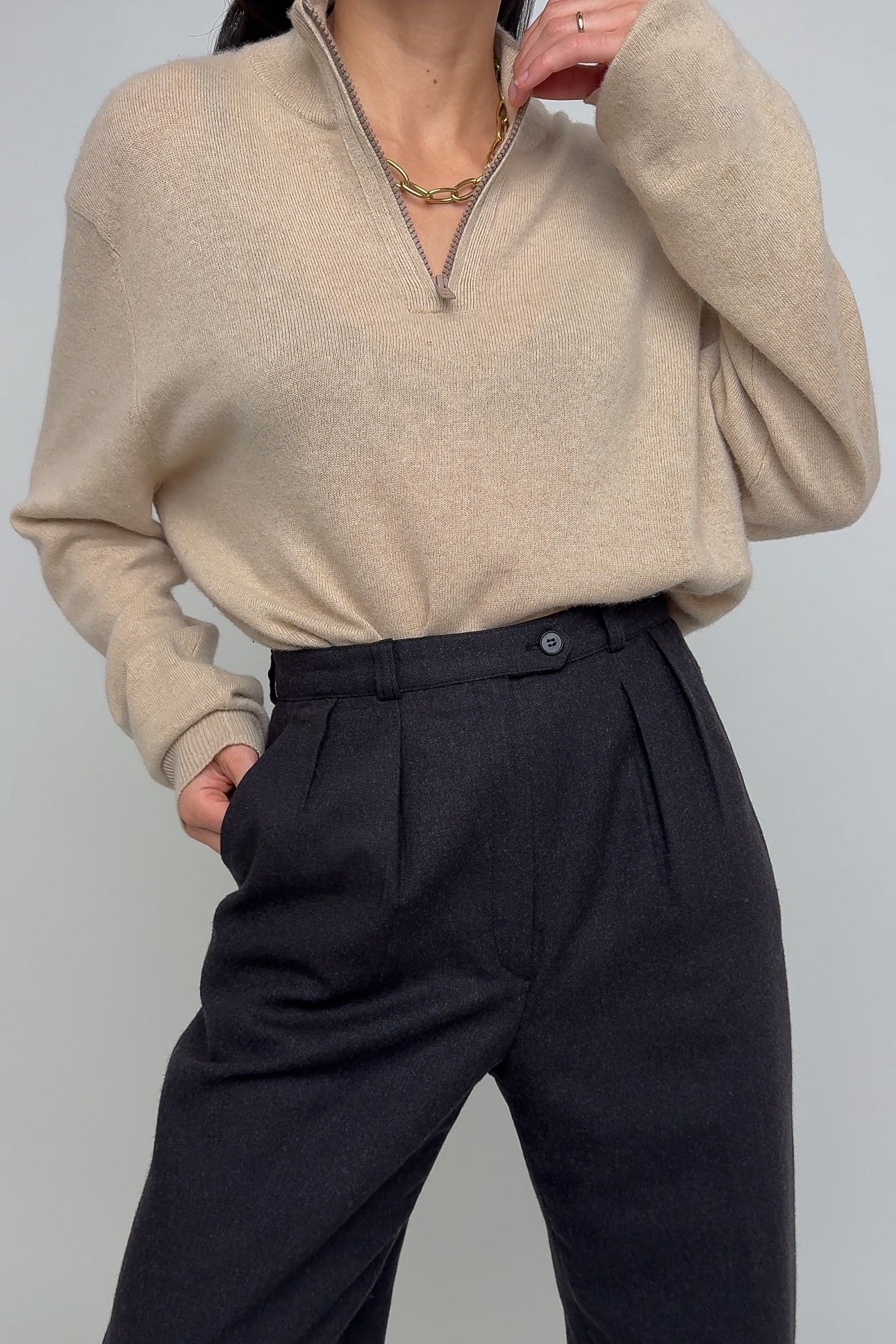 Vintage Charcoal Merino Wool High Waisted Trousers