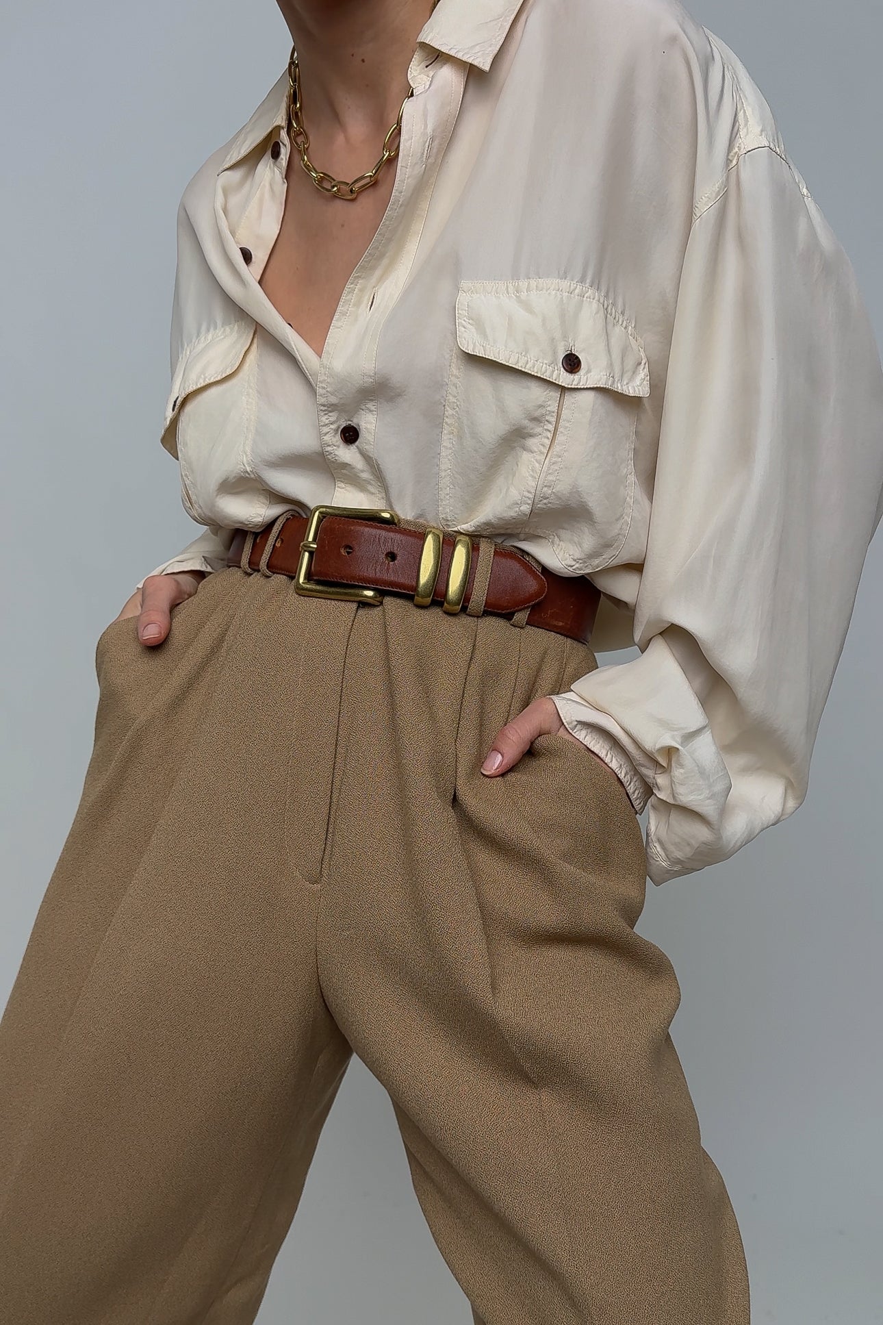 Vintage Camel Wool Blend High Waisted Cuffed Trousers (Rosella)