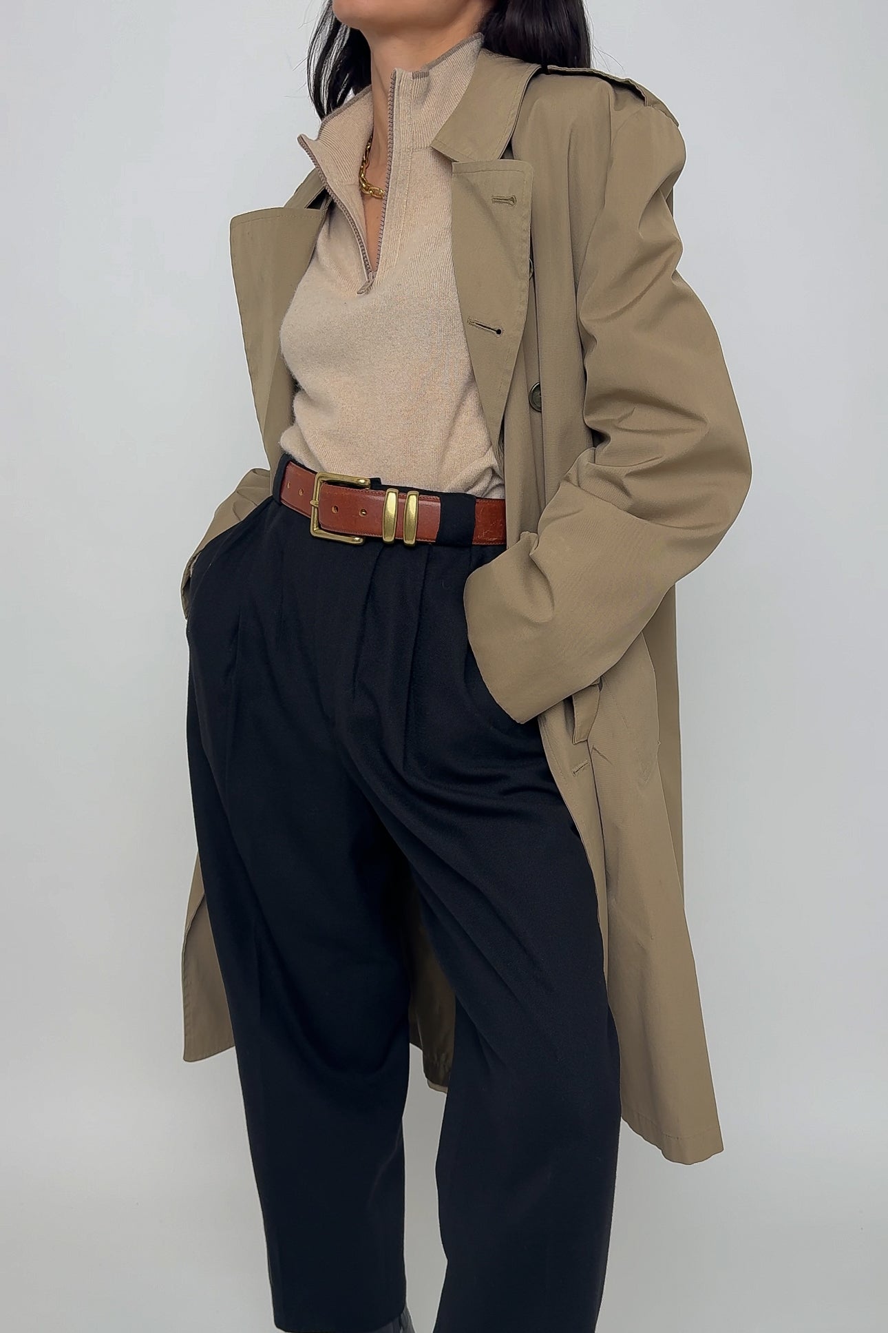 Vintage Cappuccino Cotton Blend Double Breasted Trench Coat