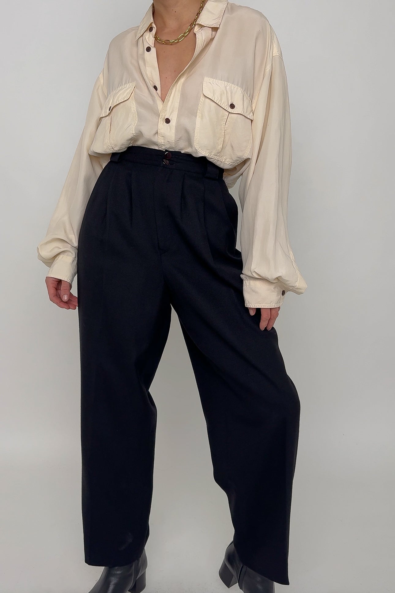 Vintage Noir Wool High Waisted Trousers