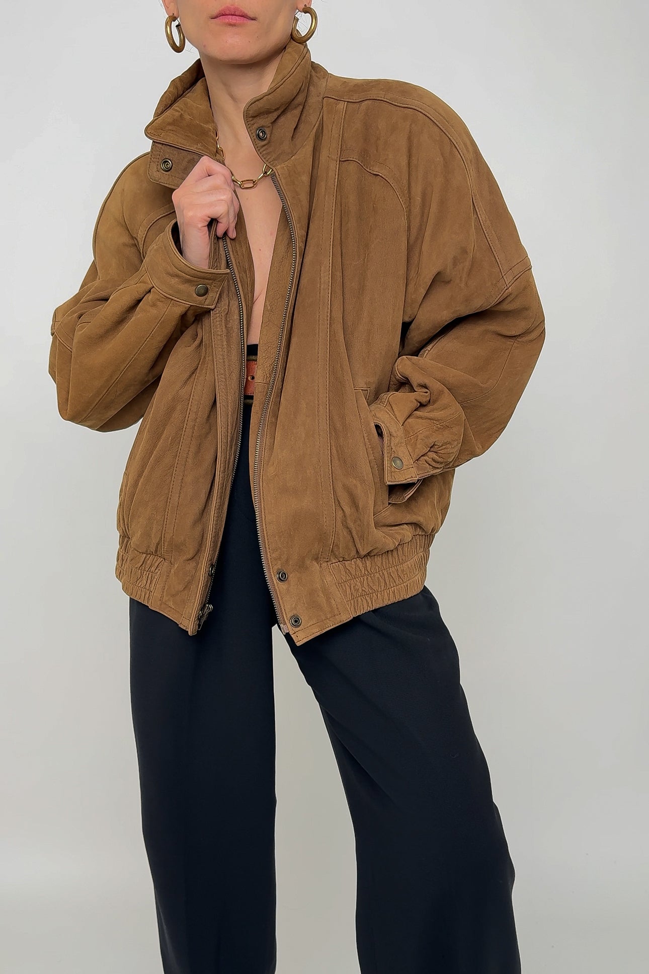 Vintage Cinnamon Suede Leather Bomber Jacket