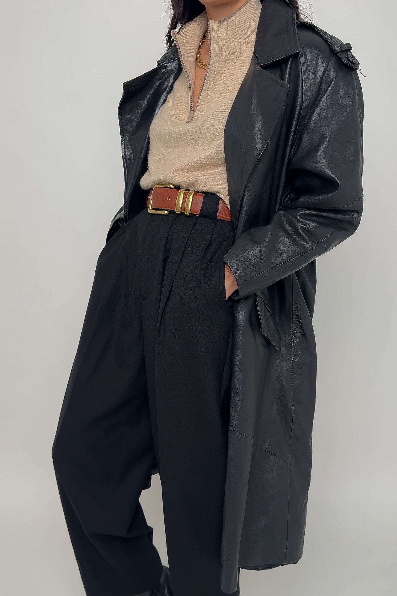 Vintage Obsidian Leather Trench Coat