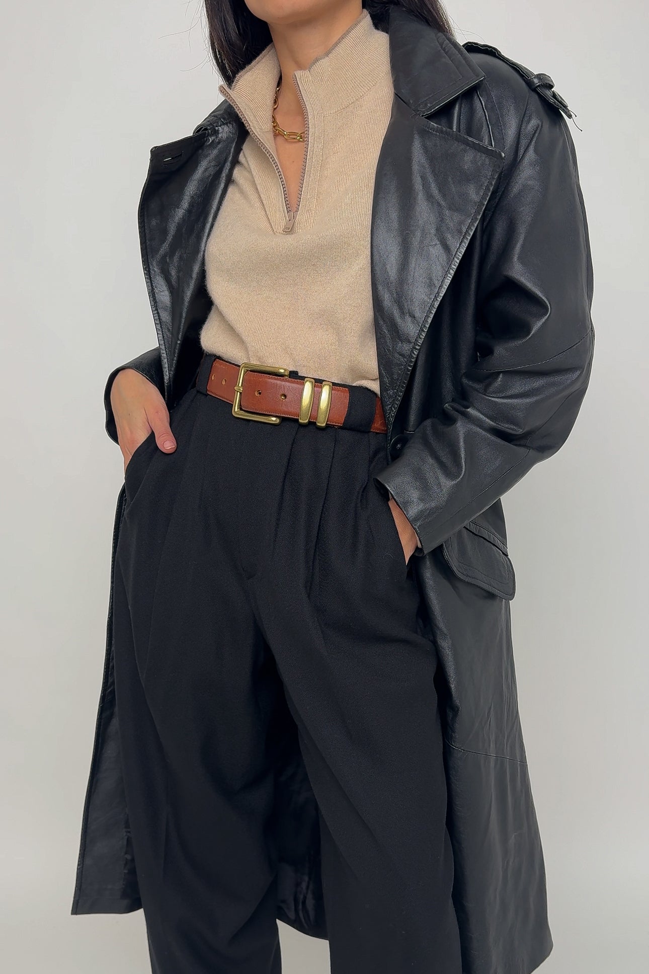 Vintage Obsidian Leather Trench Coat