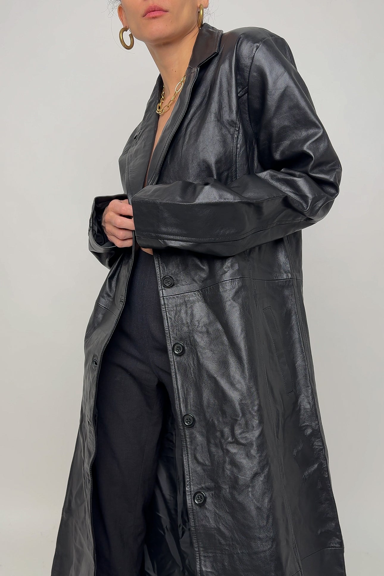 Vintage Noir Leather Trench Coat