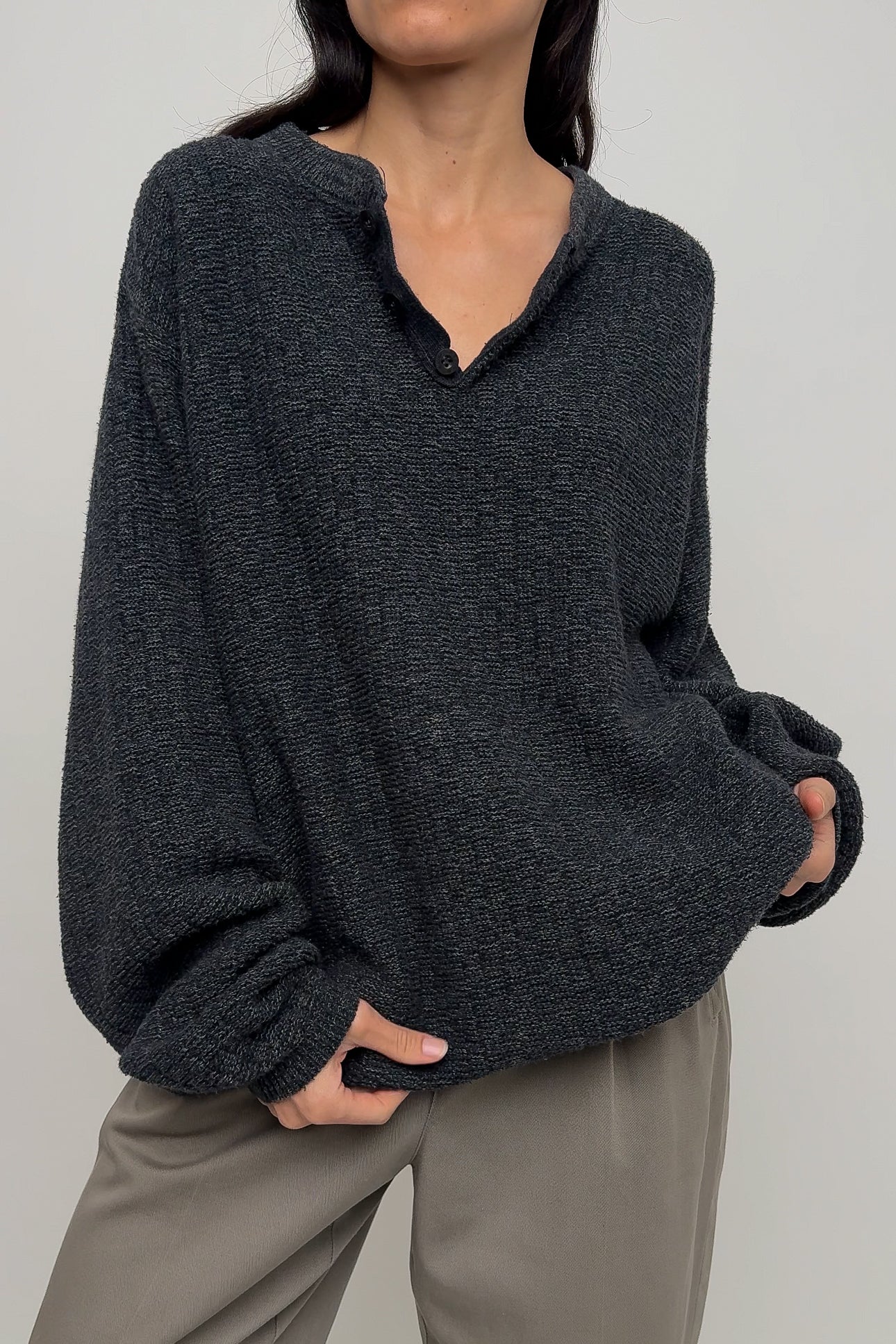 Vintage Slate Cotton Blend Knit Henley Sweater