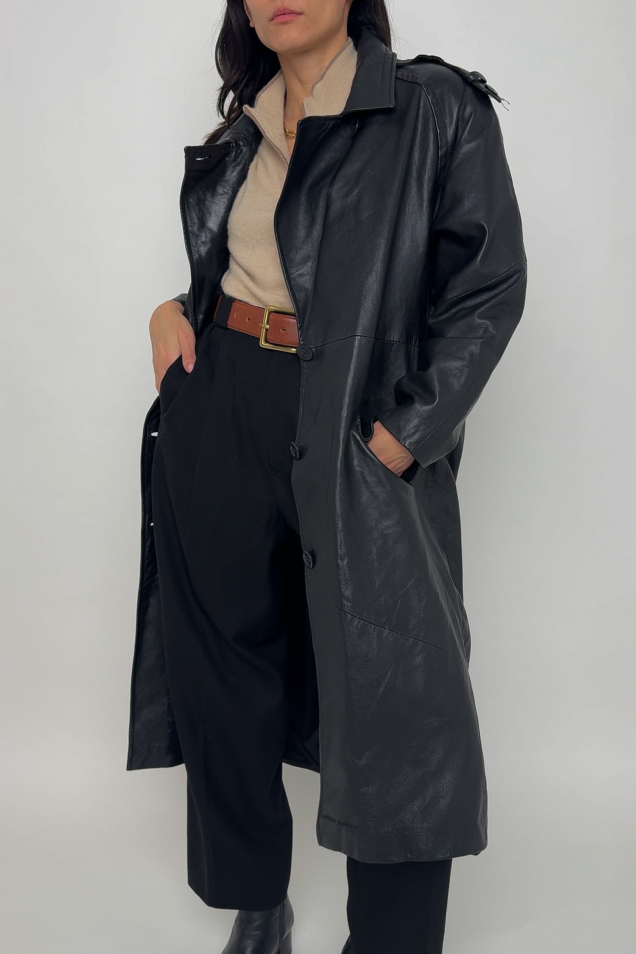 Vintage Obsidian Leather Trench Coat