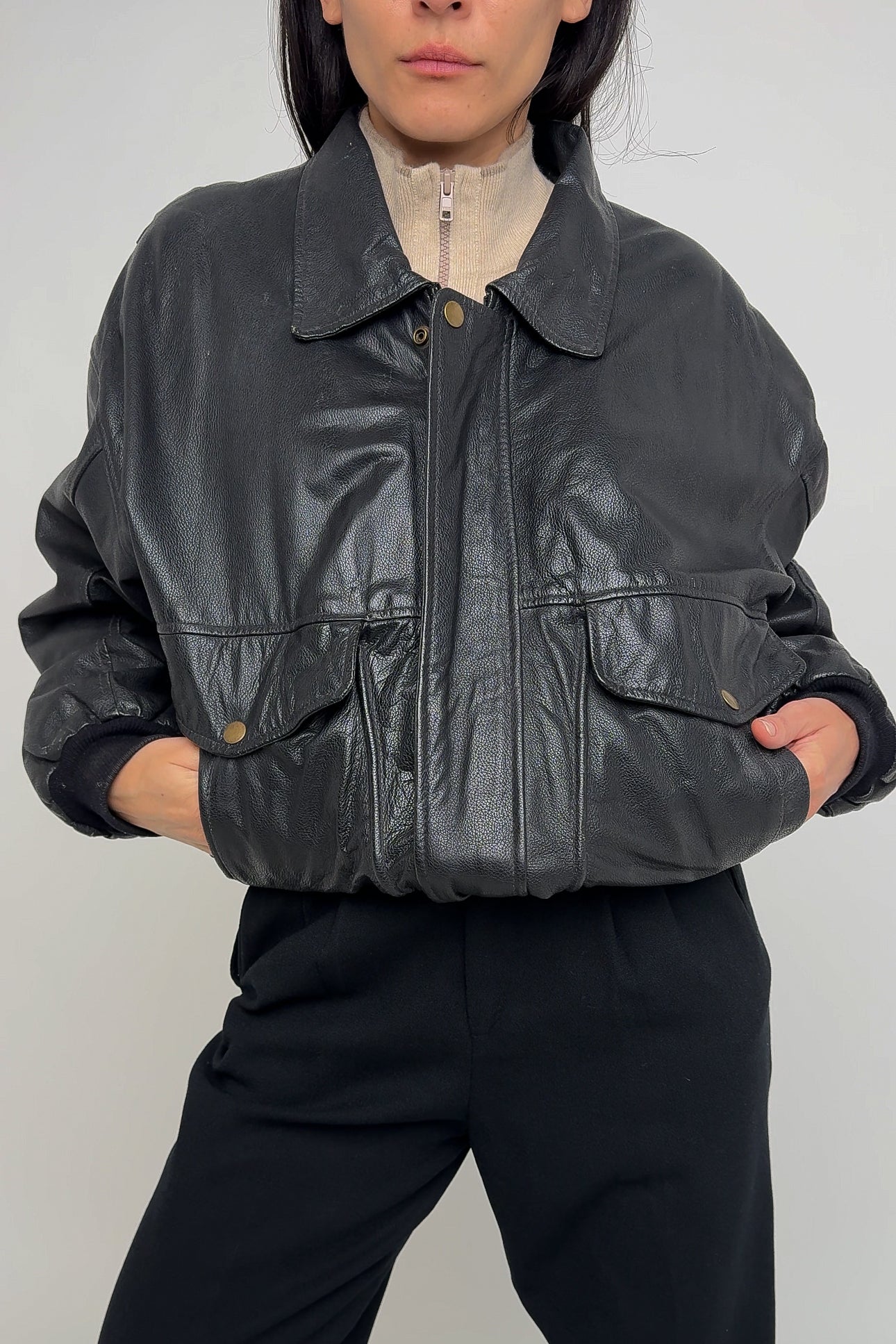 Vintage Obsidian Leather Pilot Bomber Jacket