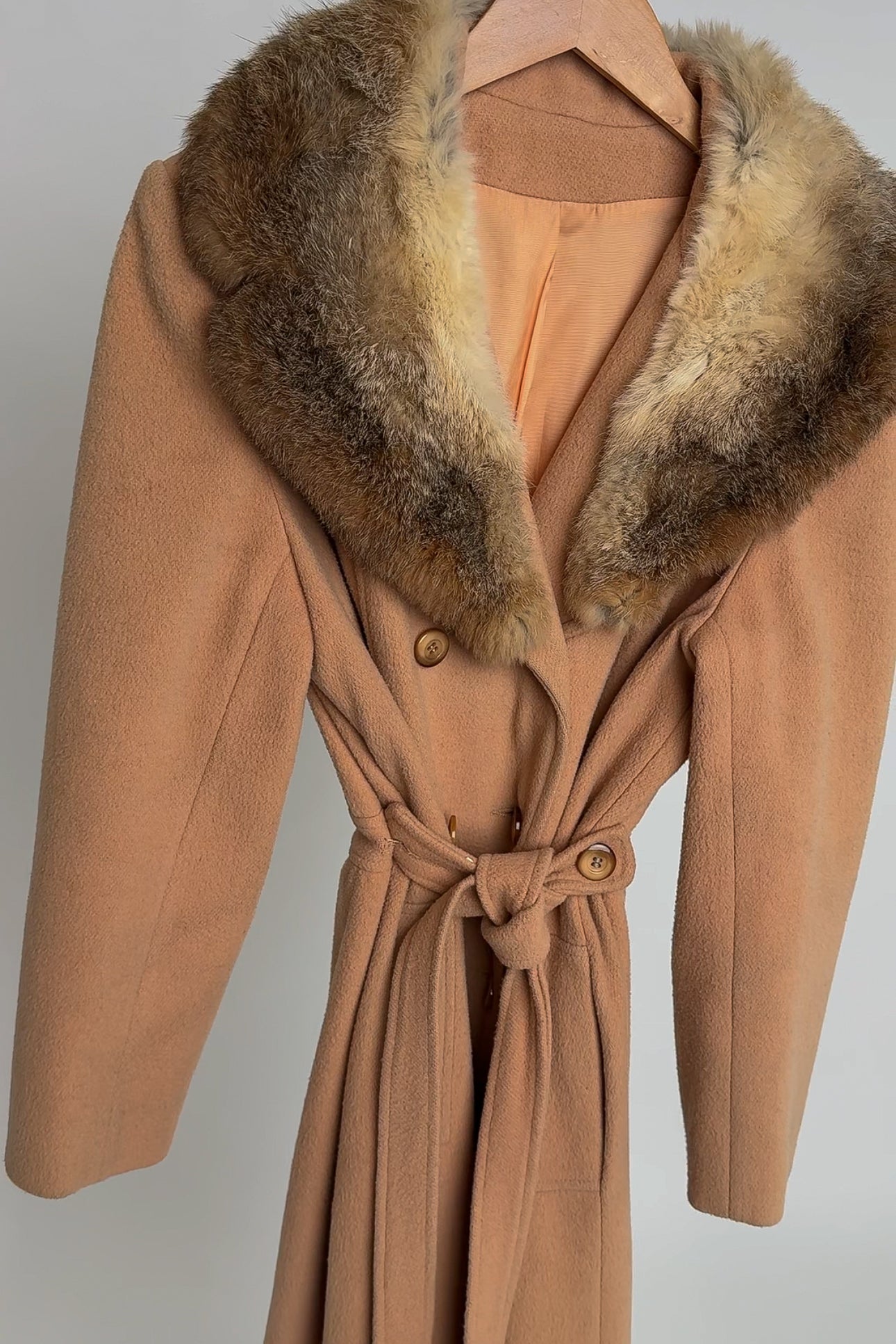 Vintage Tan Wool Double Breasted Fur Collar Coat