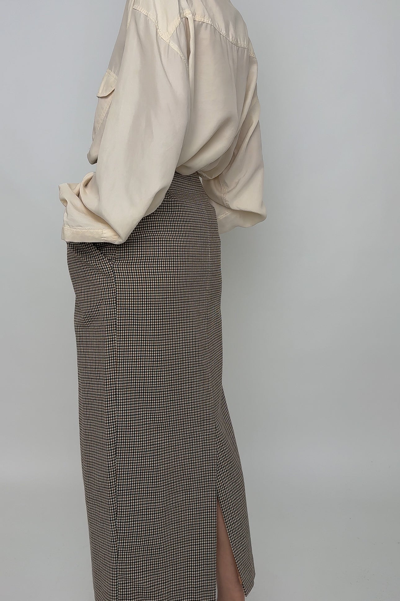 Vintage Carob Wool Gingham Midi Pencil Skirt