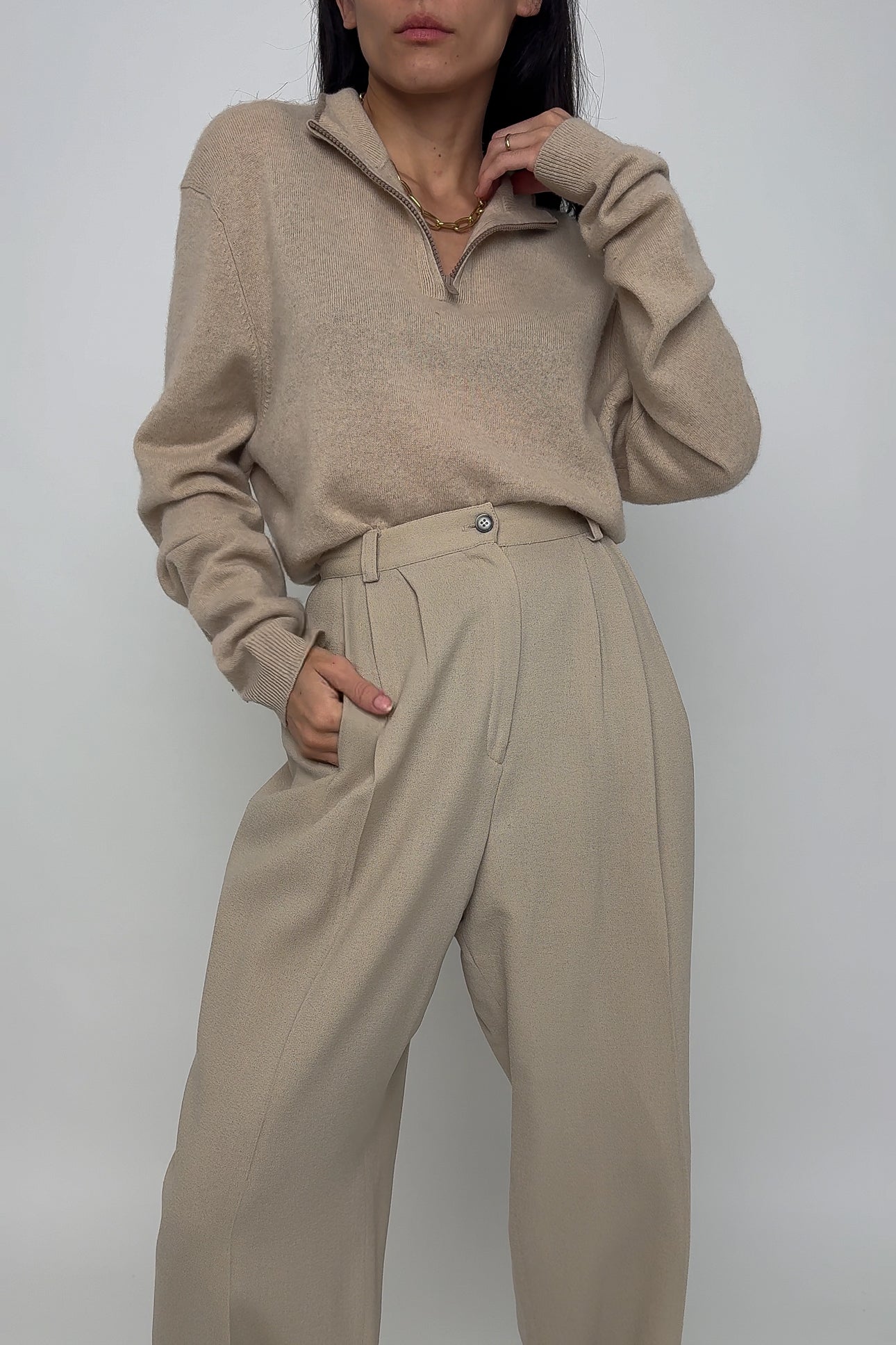 Vintage Sand Wool High Waisted Cuffed Trousers (Rosella)