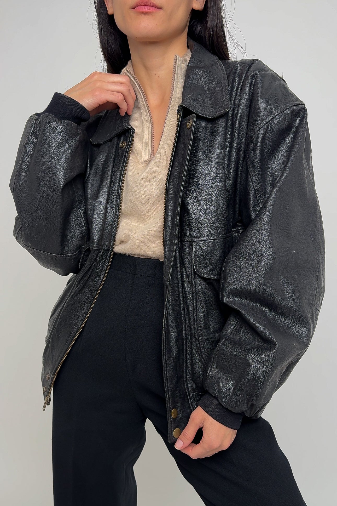 Vintage Obsidian Leather Pilot Bomber Jacket