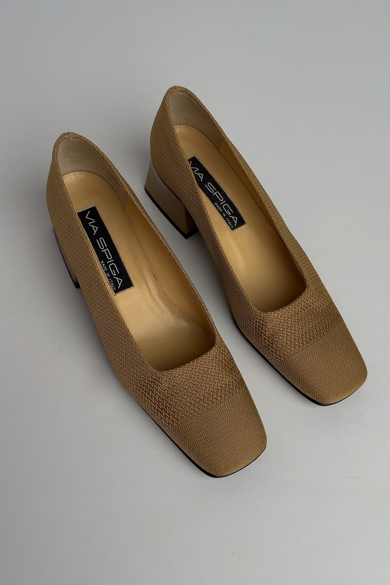 Vintage Italian Cashew Woven Fabric and Leather Block Heels