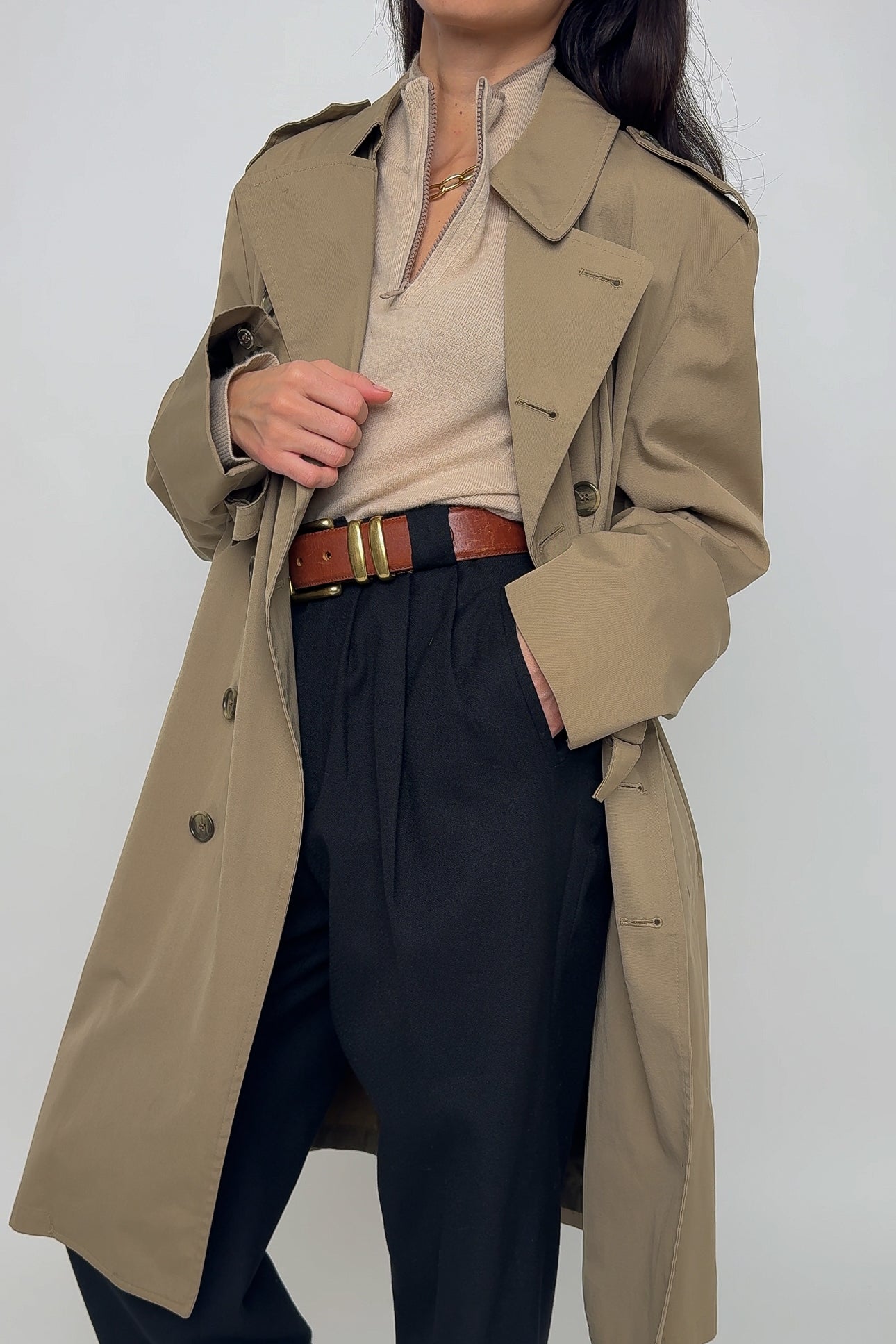 Vintage Cappuccino Cotton Blend Double Breasted Trench Coat