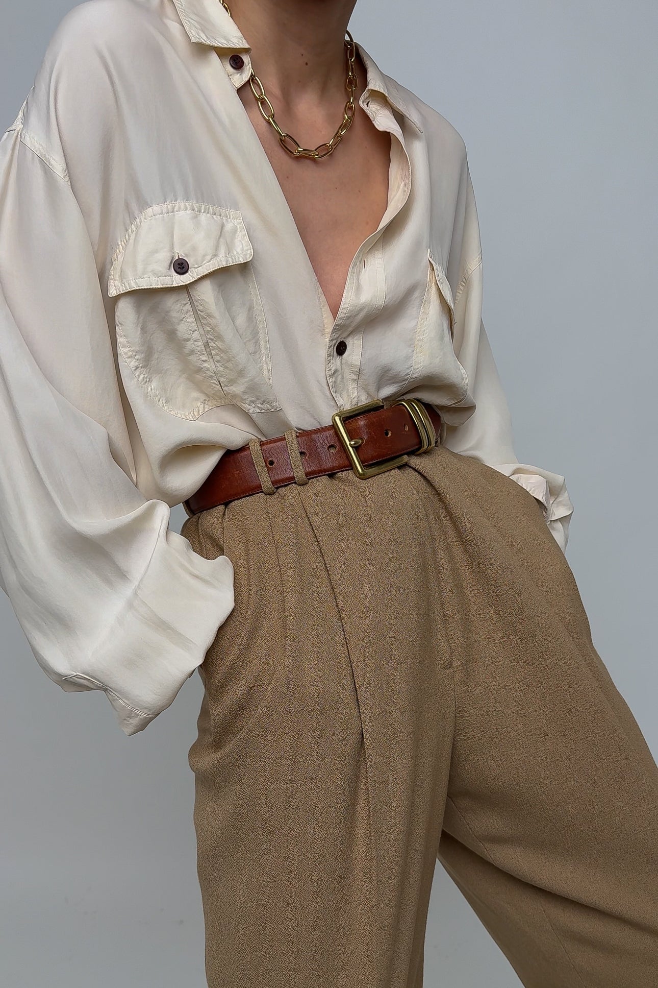 Vintage Camel Wool Blend High Waisted Cuffed Trousers (Rosella)