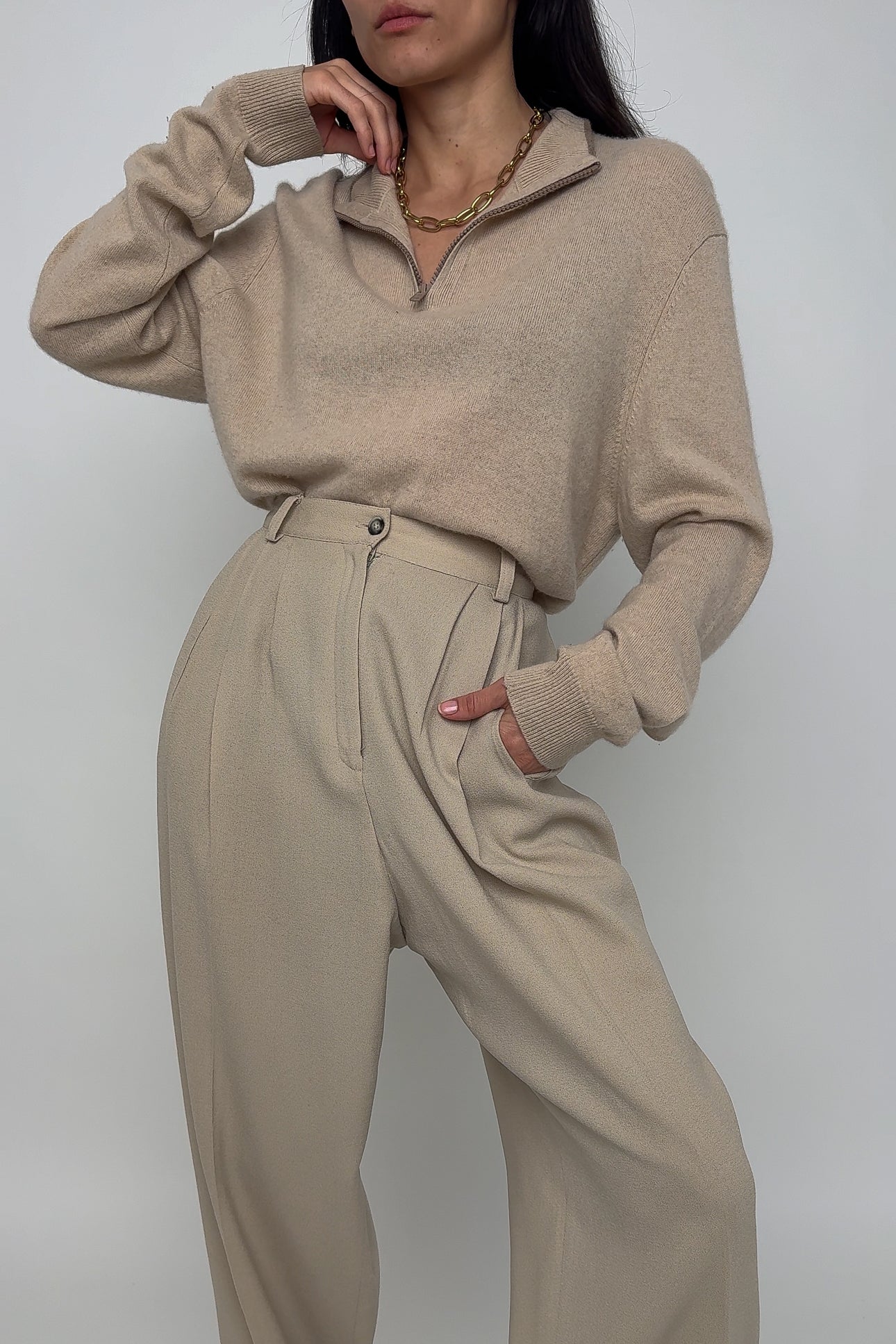 Vintage Sand Wool High Waisted Cuffed Trousers (Rosella)