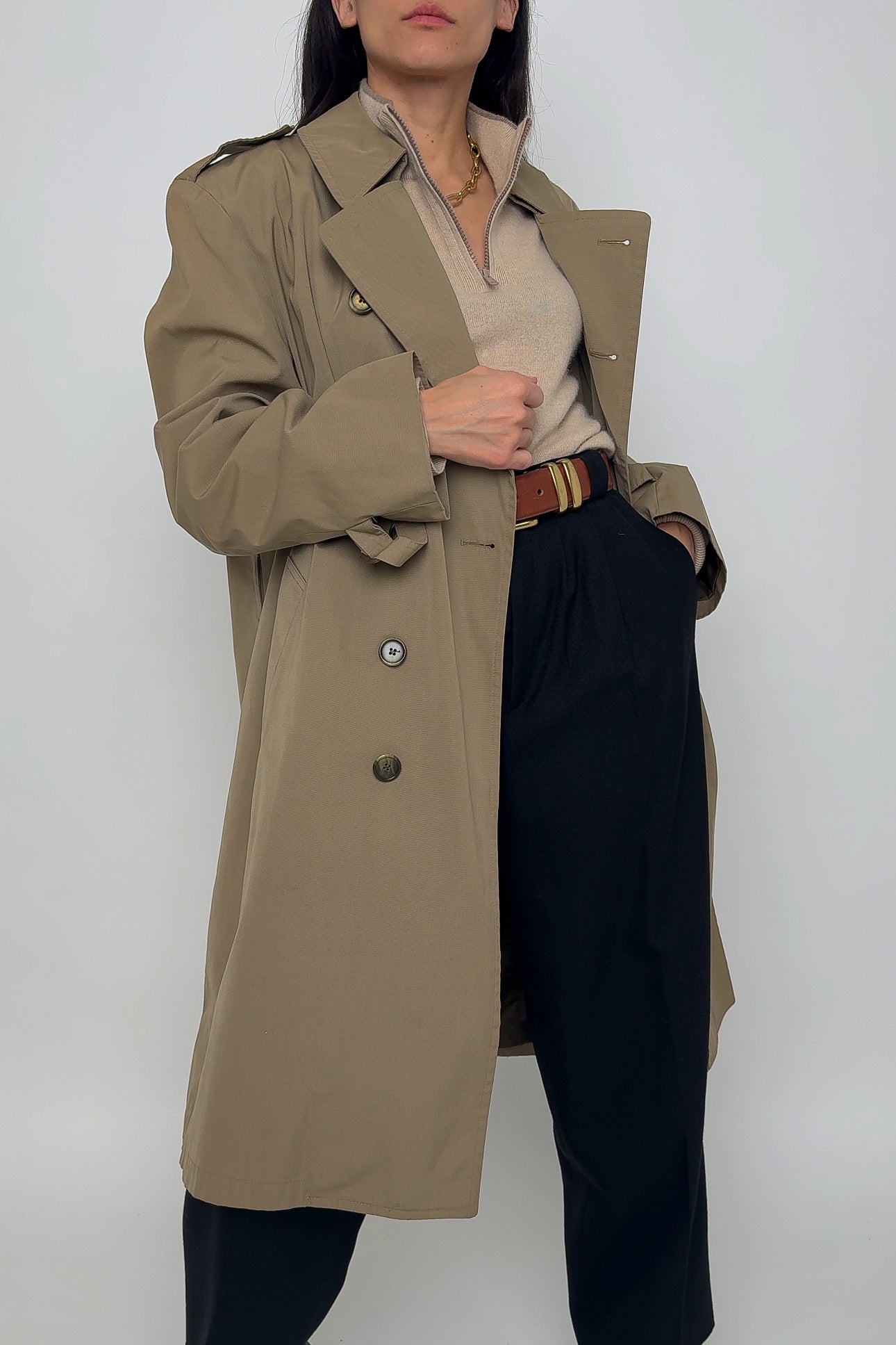 Vintage Cappuccino Cotton Blend Double Breasted Trench Coat